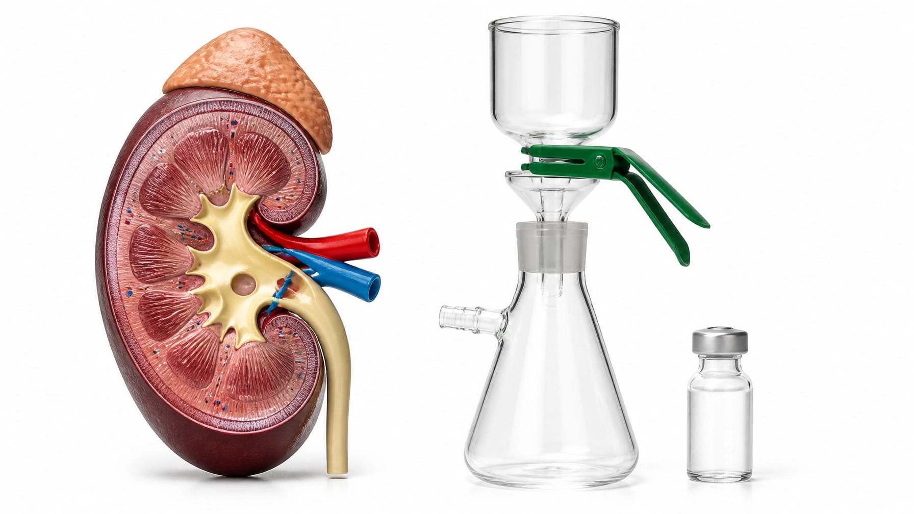 Realistic anatomical kidney model beside laboratory filtration glassware