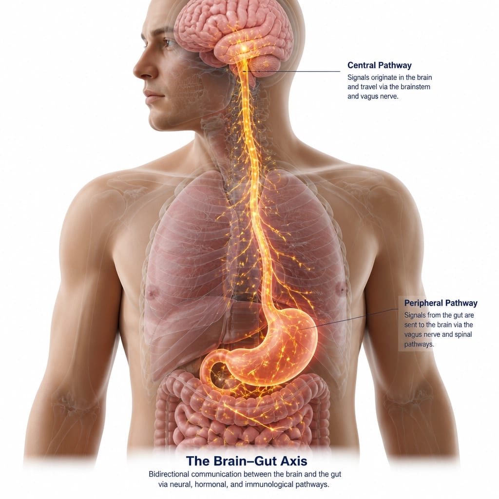 Medical illustration of the glowing brain-gut neural pathway