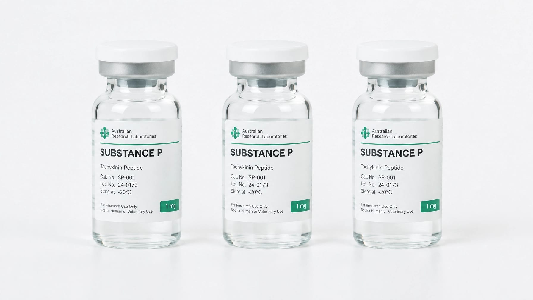 Three sealed Substance P research vials arranged on a clean white background