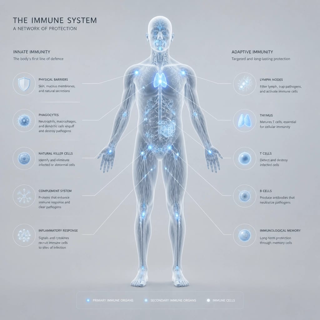 Minimalist 3D render of immune system pathways and nodes
