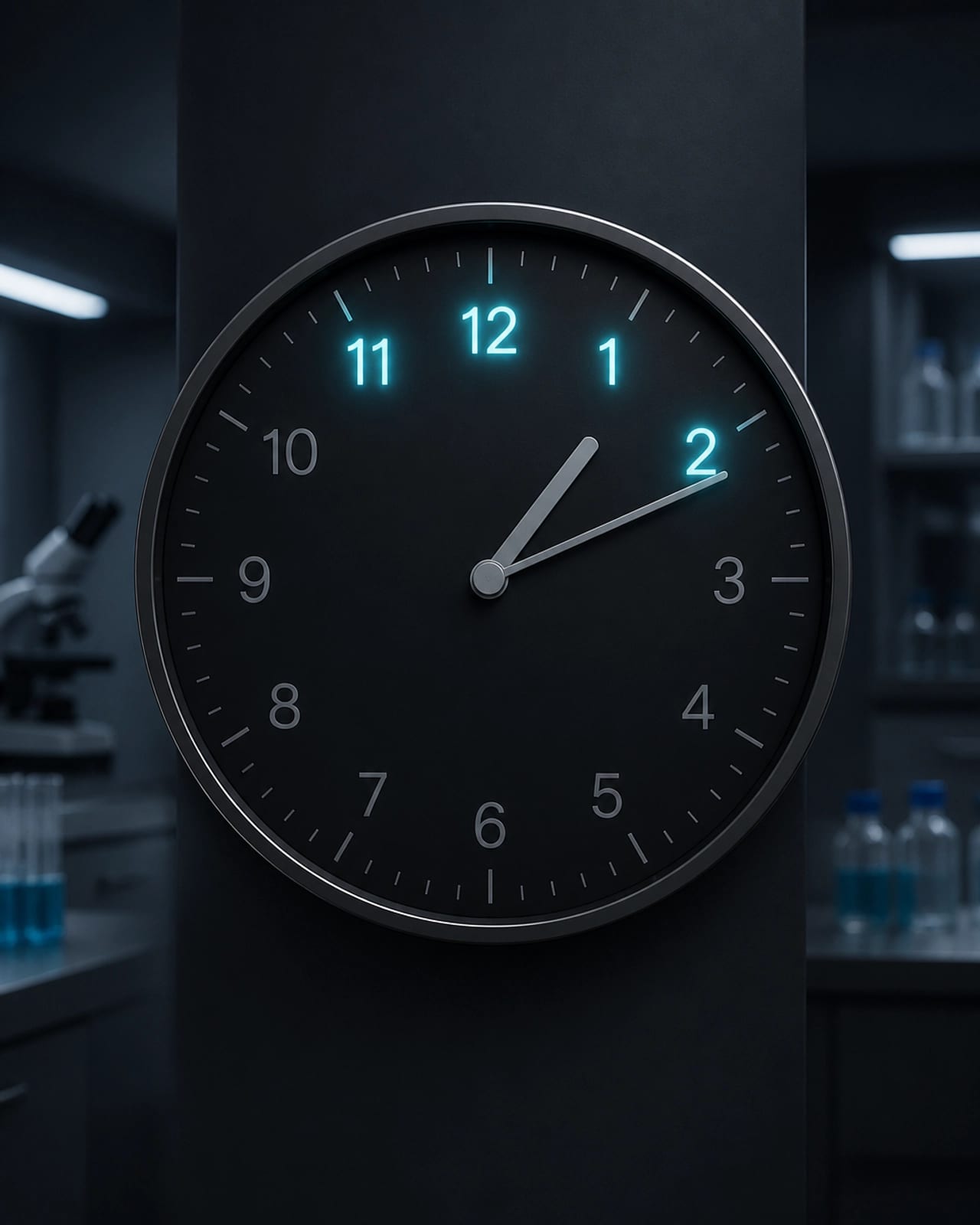 A modern clock highlighting the critical 11 PM to 2 AM window in soft cyan light.