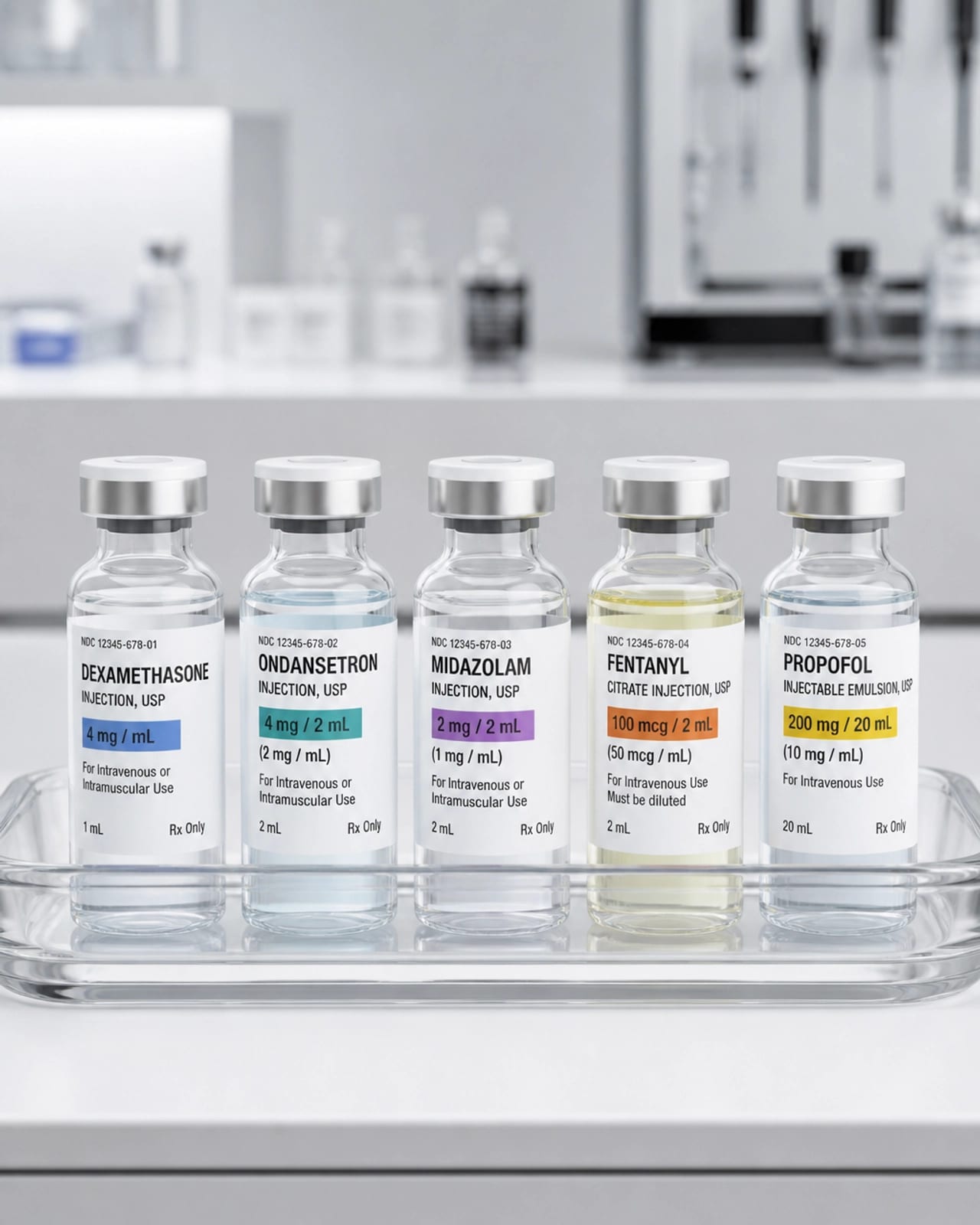 A glass tray holding clear glass vials in a clinical setting, representing the professional approach to peptide research.