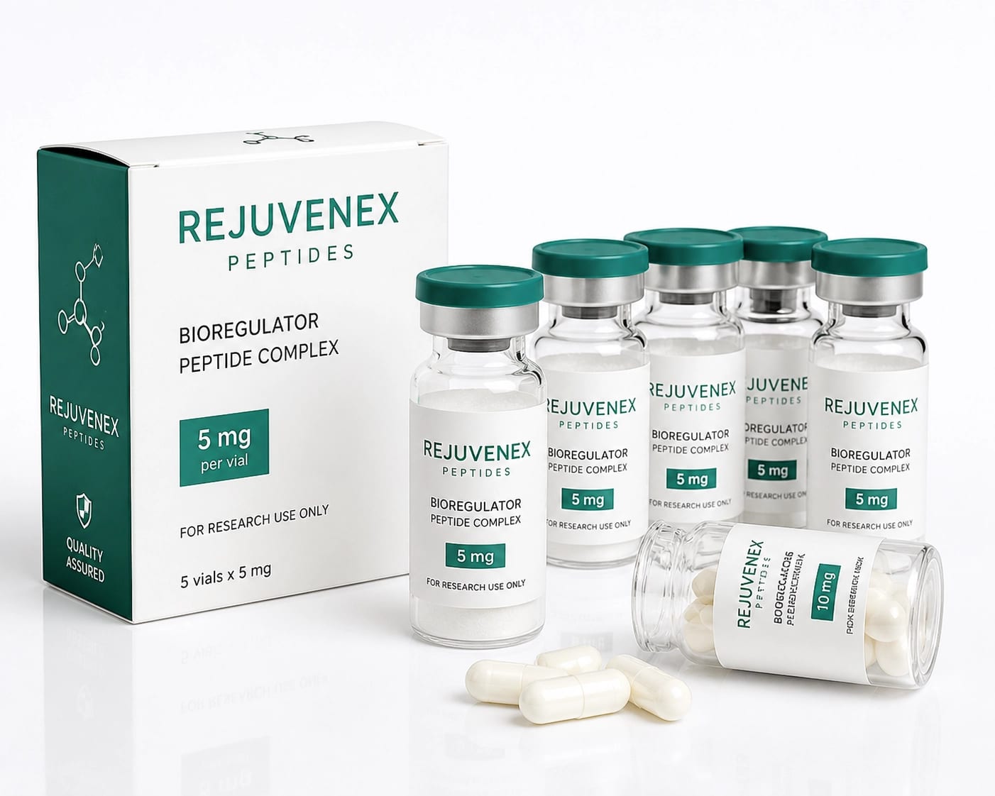 Clinical product photography shot of peptide bioregulator vials and capsules on a pristine white surface