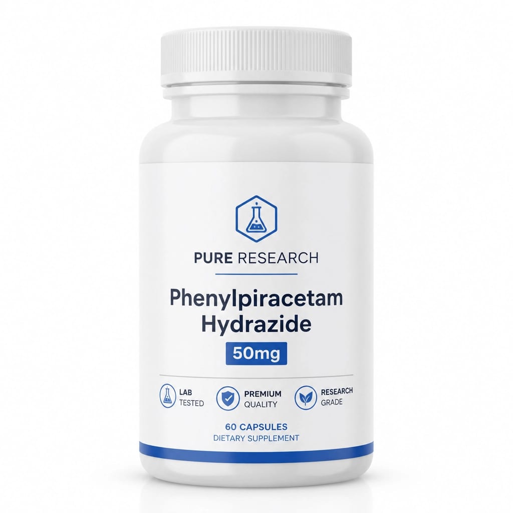 A professional supplement bottle of Phenylpiracetam Hydrazide 50mg on a clean white background