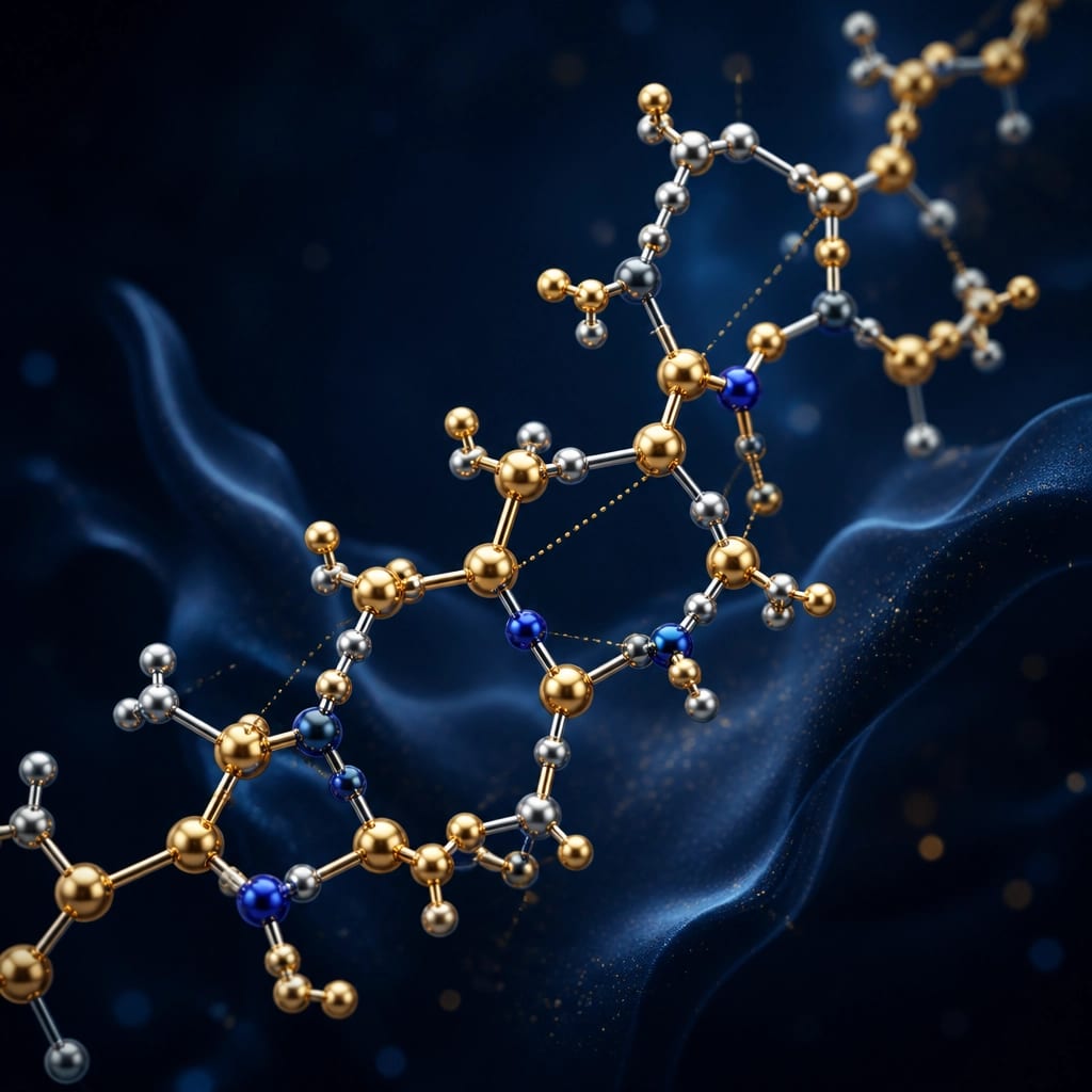 A scientific illustration of a molecular structure representing a peptide chain, designed in a 'scientific luxury' style.