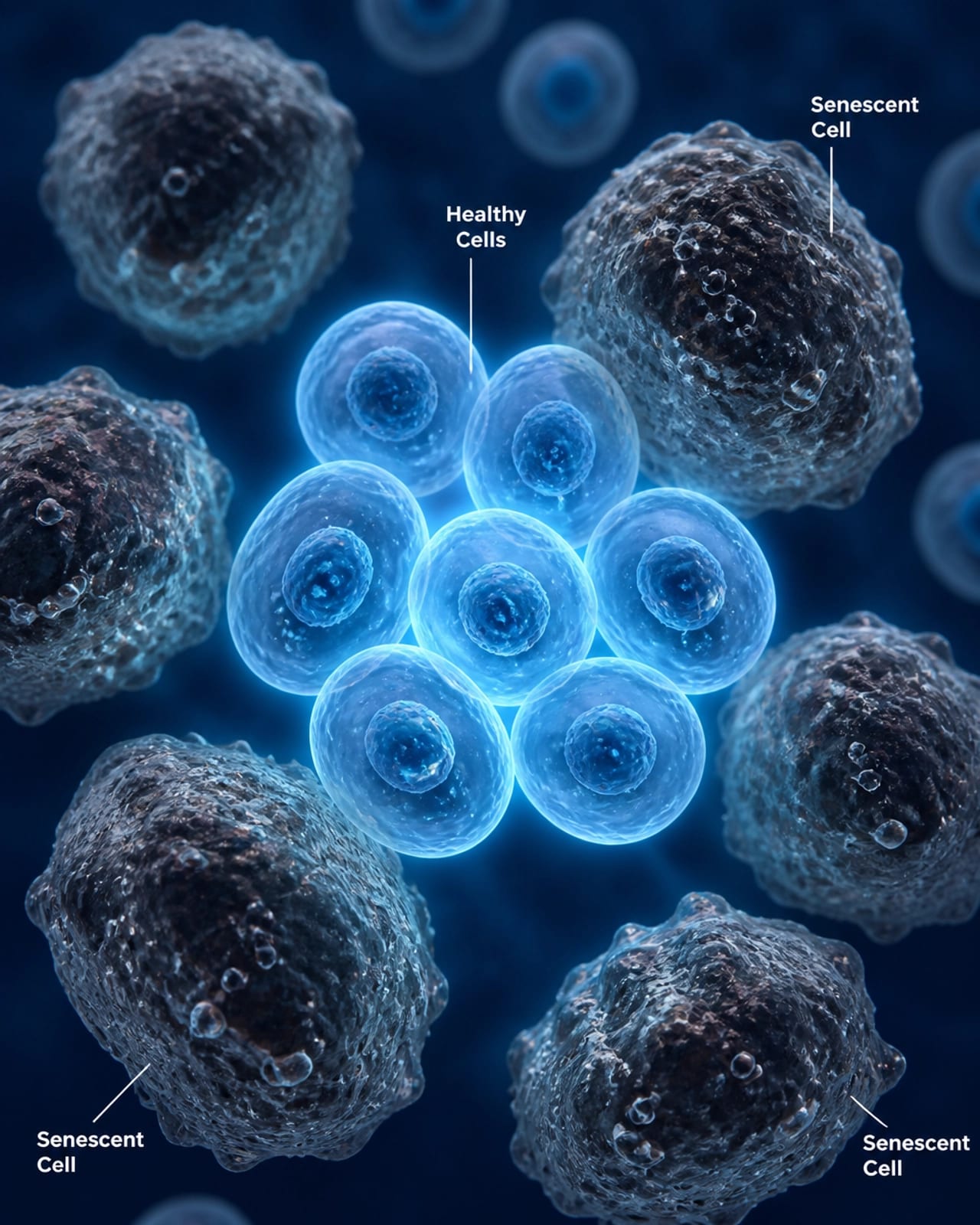 Microscopic visualization showing healthy vibrant cells next to dull inflamed zombie cells