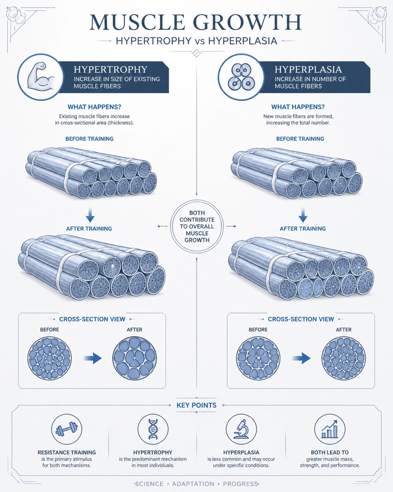 Comparison between muscle hypertrophy (thickening) and hyperplasia (new fiber formation)