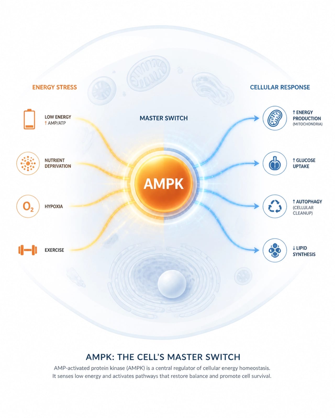 Abstract scientific illustration of the AMPK metabolic master switch