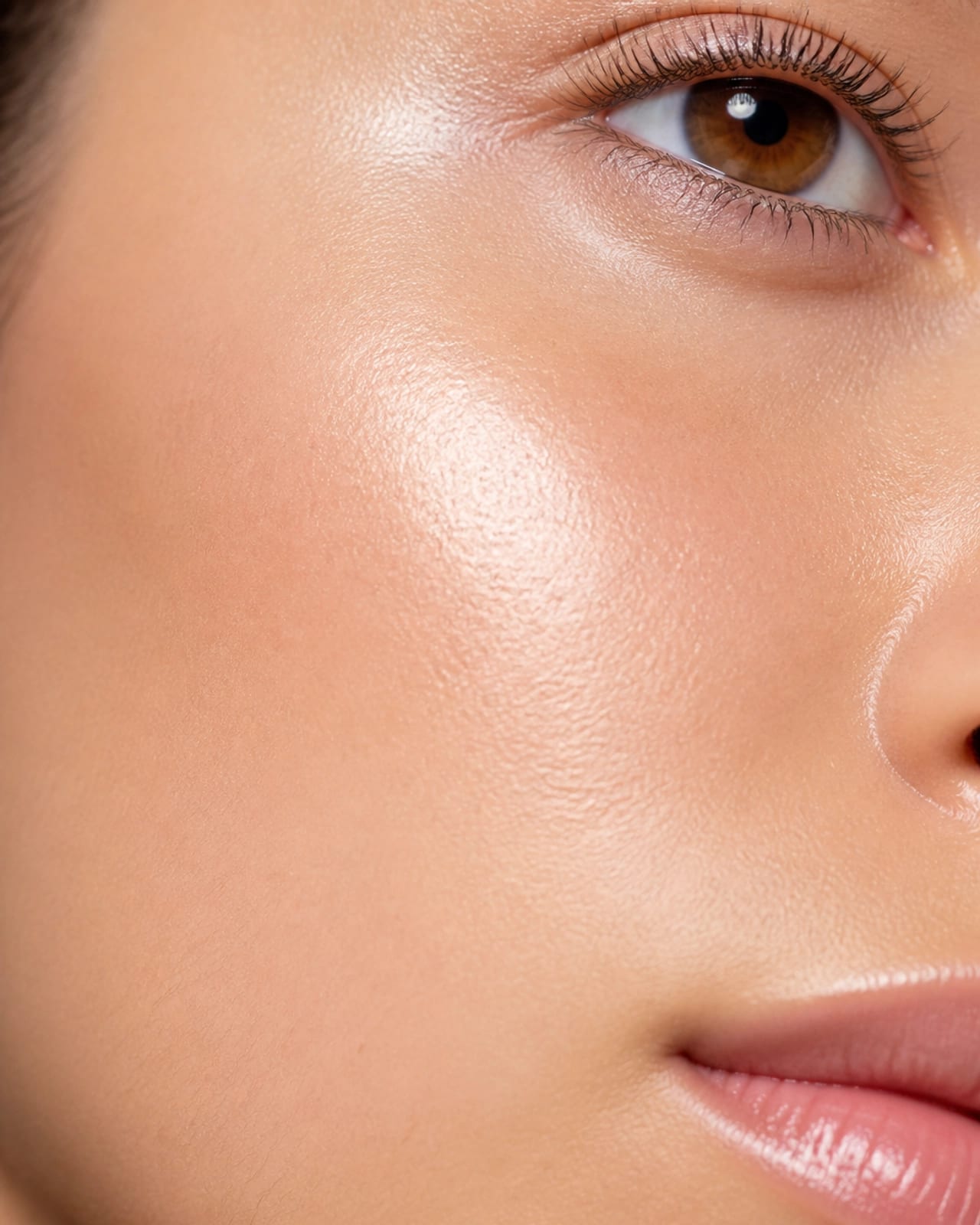 A macro photography shot of healthy, radiant human skin highlighting natural elasticity and clarity.