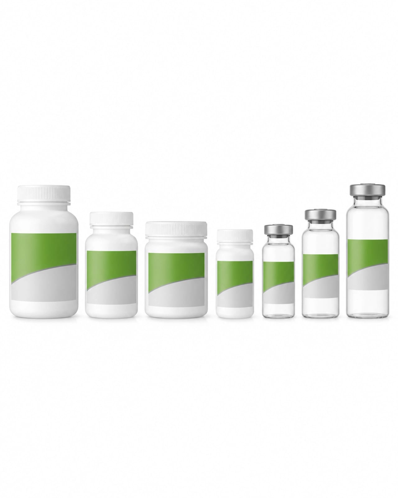 Logical progression of pharmaceutical bottles and vials on a white background