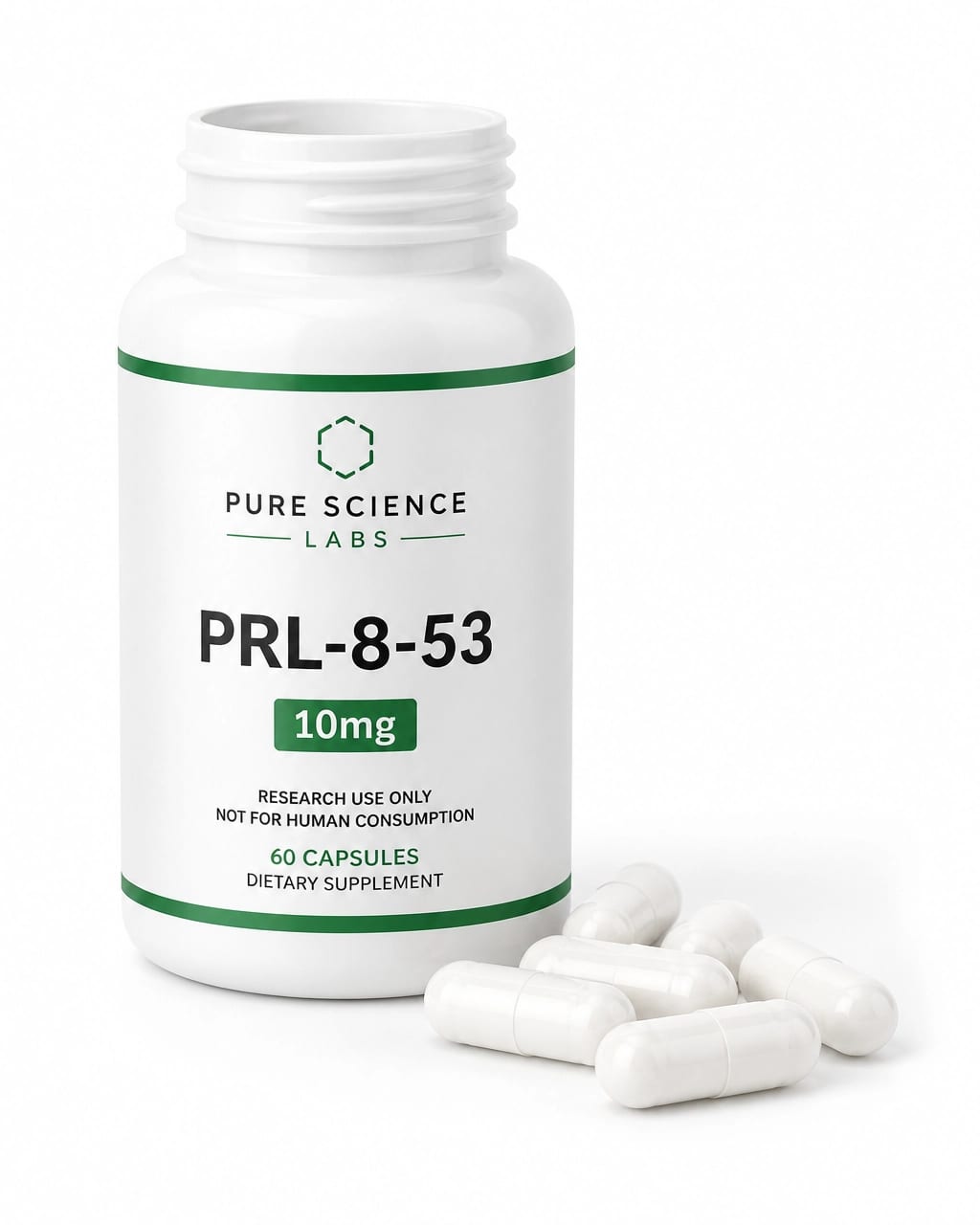 PRL-8-53 research capsule bottle with capsules arranged on a clean clinical surface