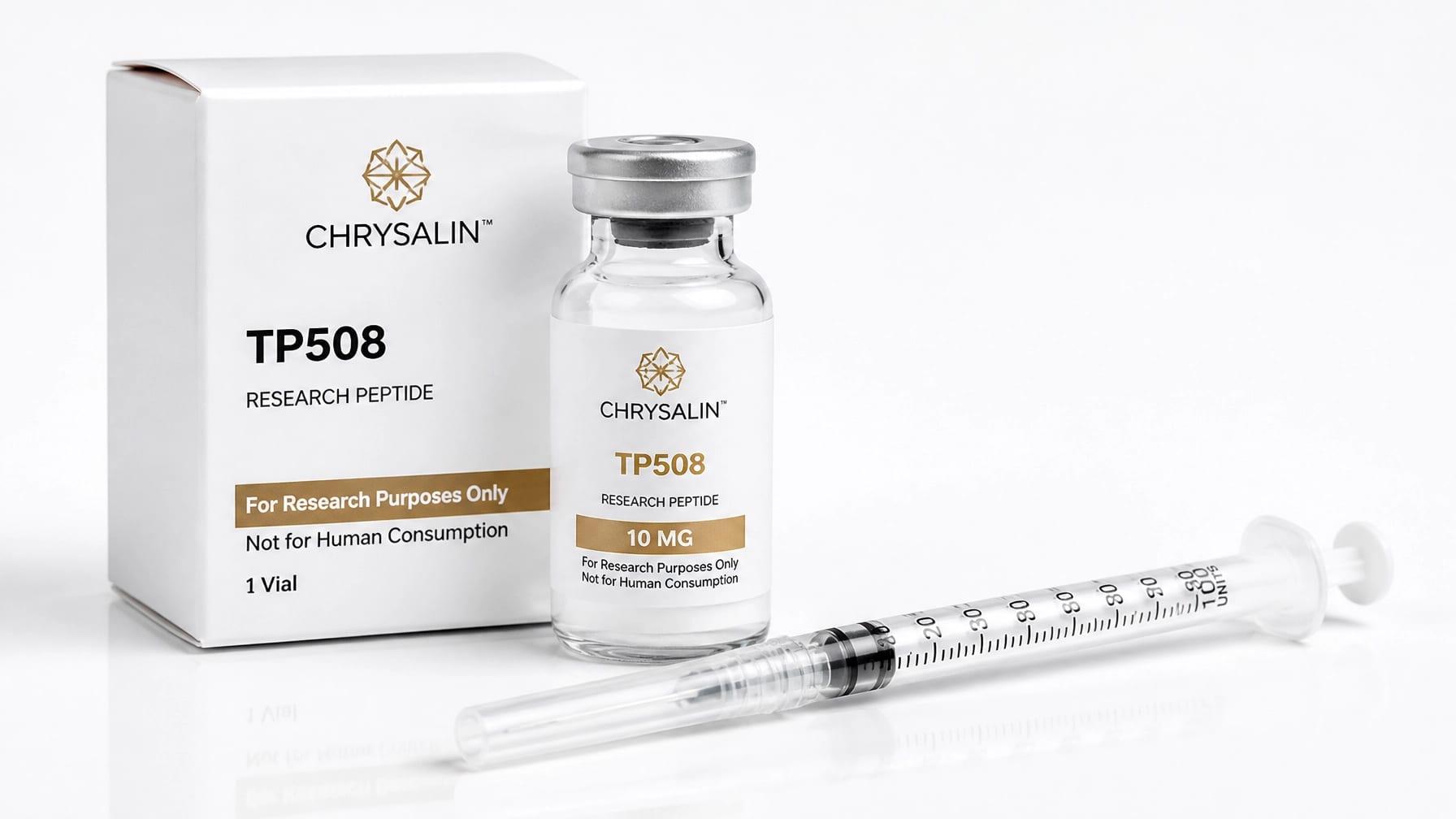 Sterile research peptide kit including a clear glass vial with Chrysalin TP508 and a sterile syringe