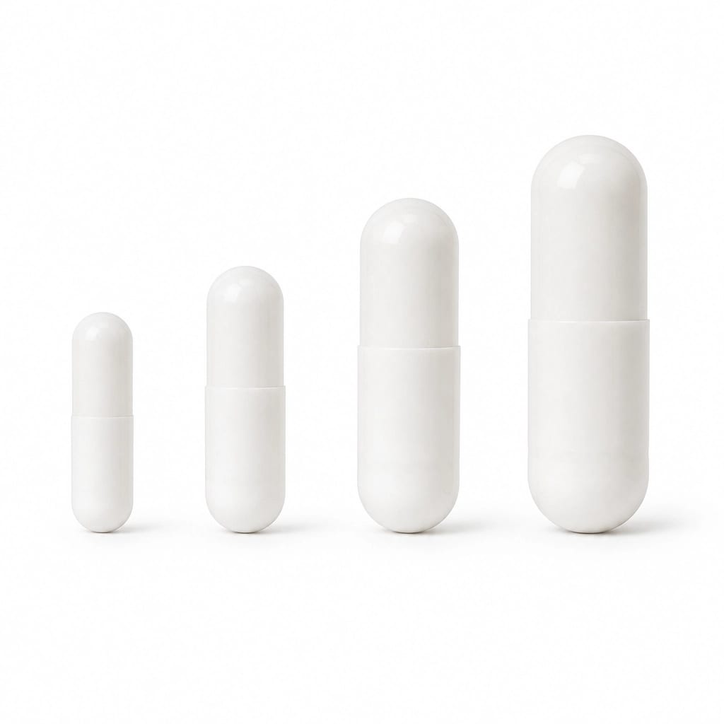 Four supplement capsules of different strengths in an ascending row