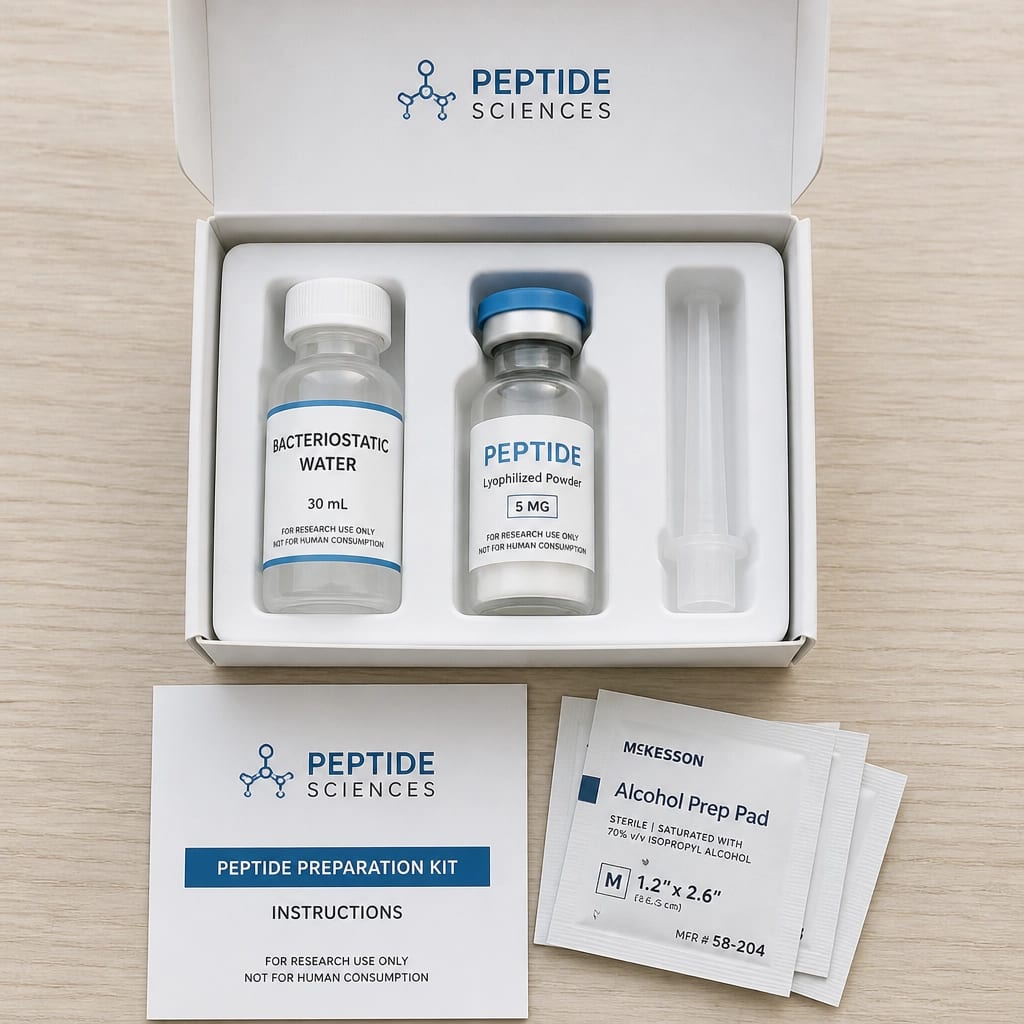 Top-down view of a professional peptide preparation kit