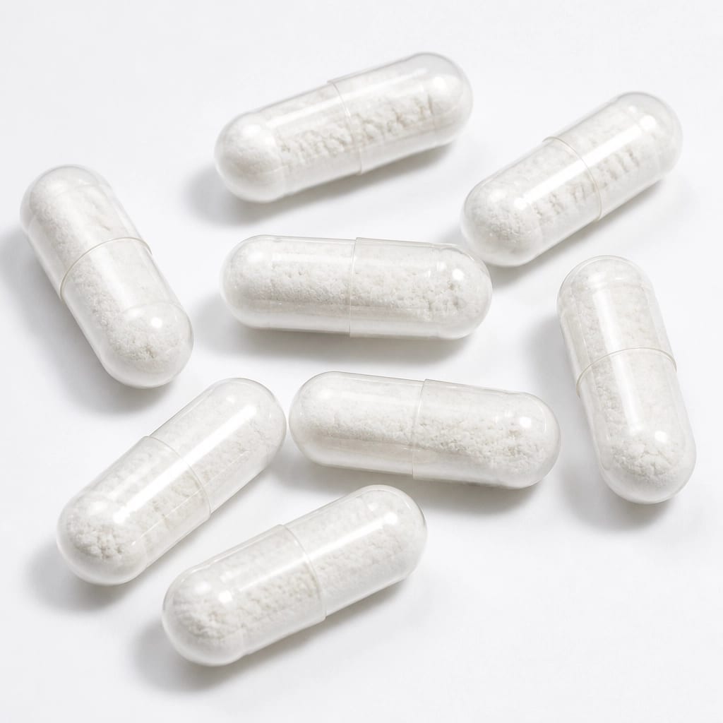 Close up of white powder capsules on a clinical white surface