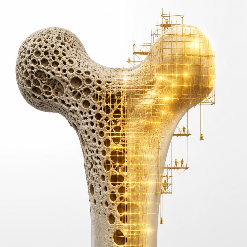 Visualizing bone remodeling: Fragile bone being repaired by glowing architectural grids