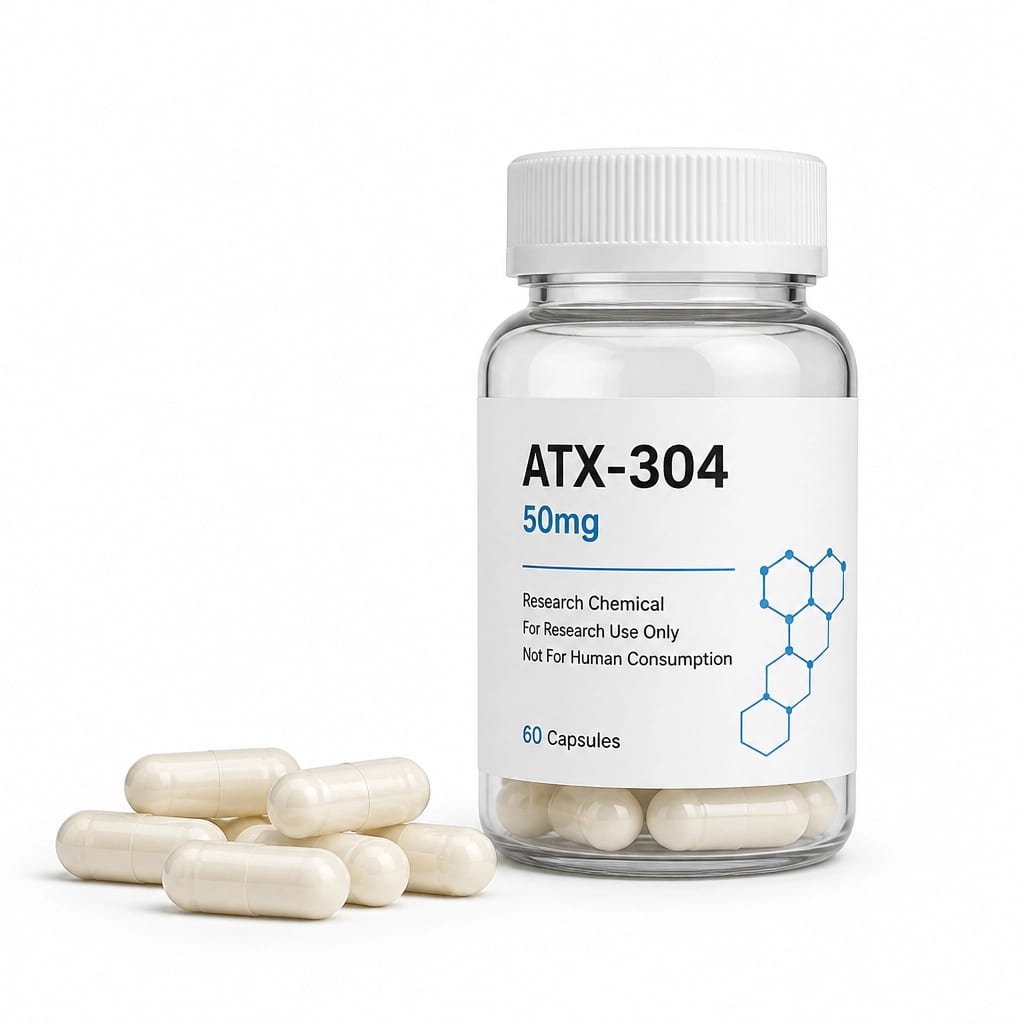 ATX-304 50mg research chemical bottle and capsules isolated on white background