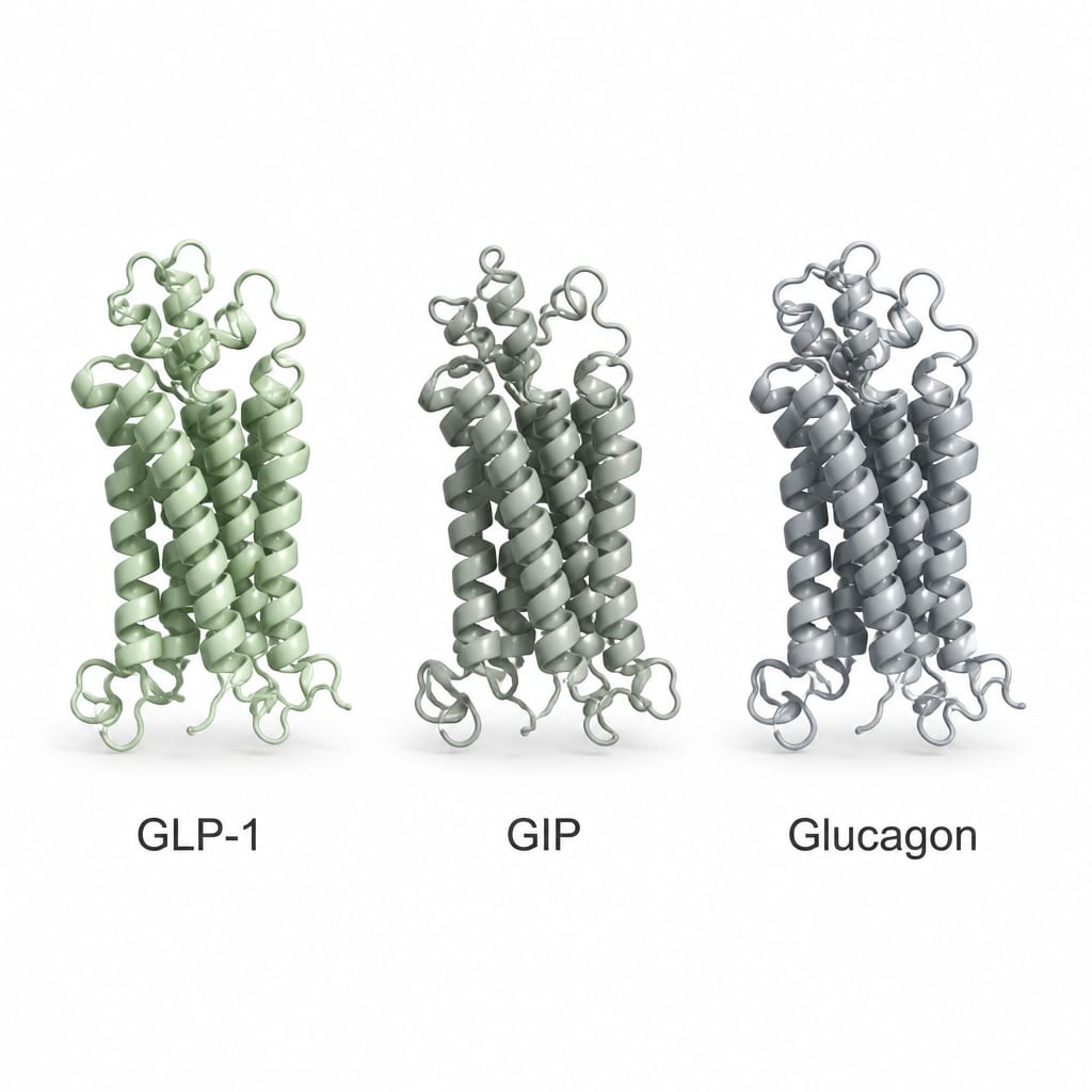Biological receptor icons for GLP-1, GIP, and Glucagon