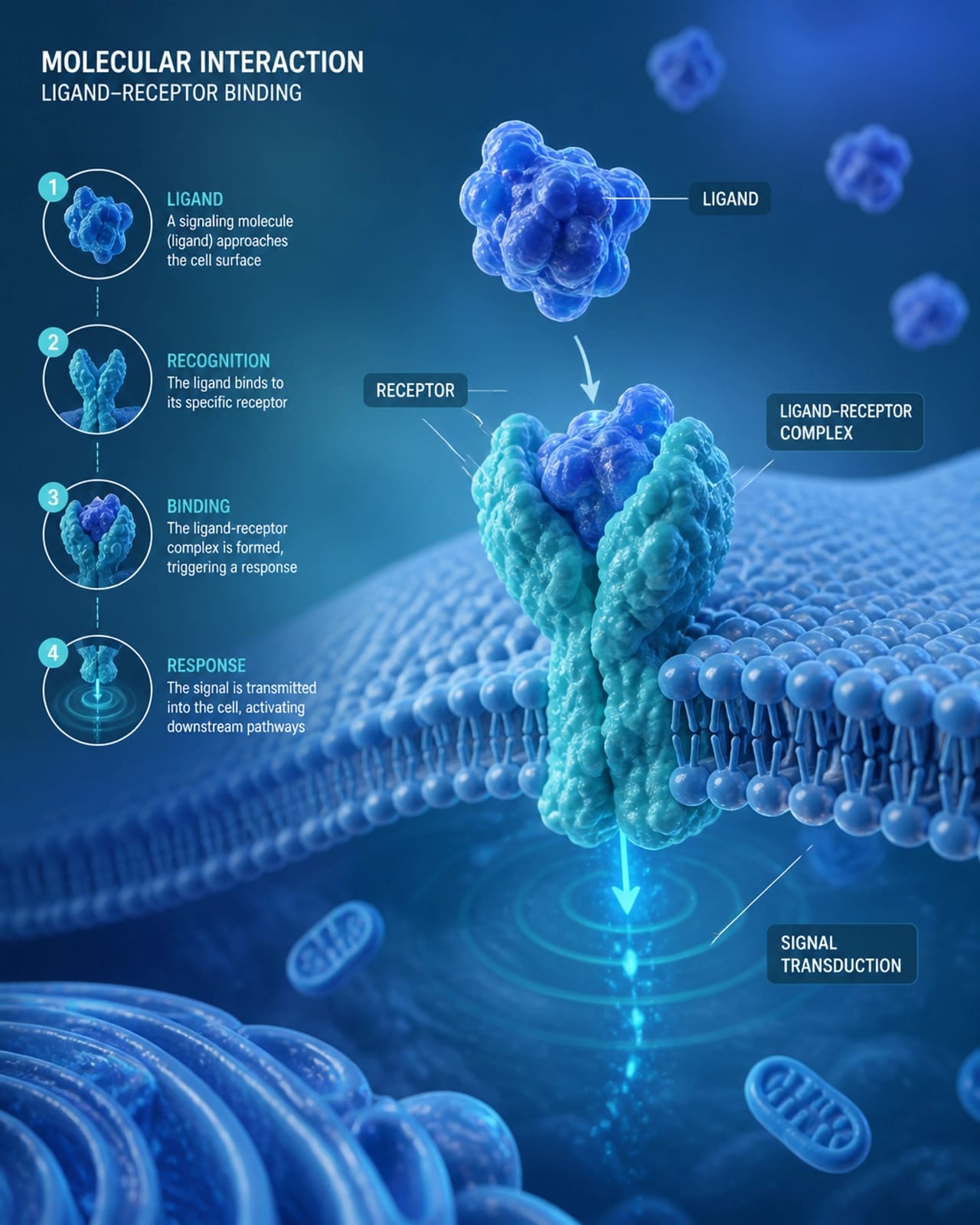 Abstract 3D medical illustration showing molecular receptor interaction