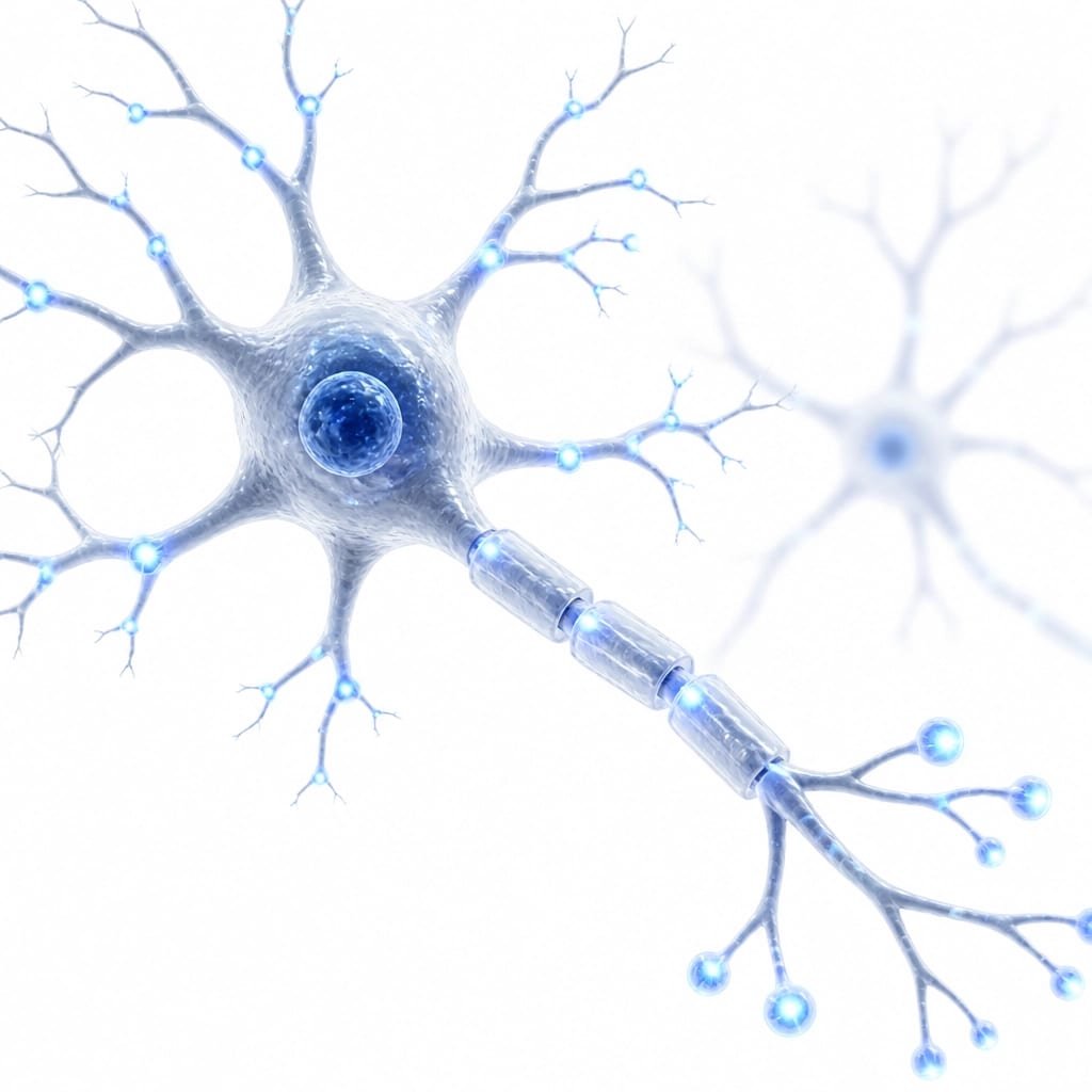 A minimalist conceptual illustration of a human neuron with glowing blue synapses