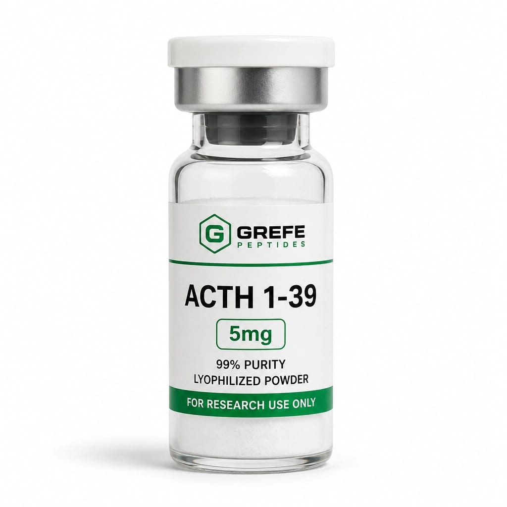 A single peptide vial labeled 'ACTH 1-39 5mg' on a pristine white background.