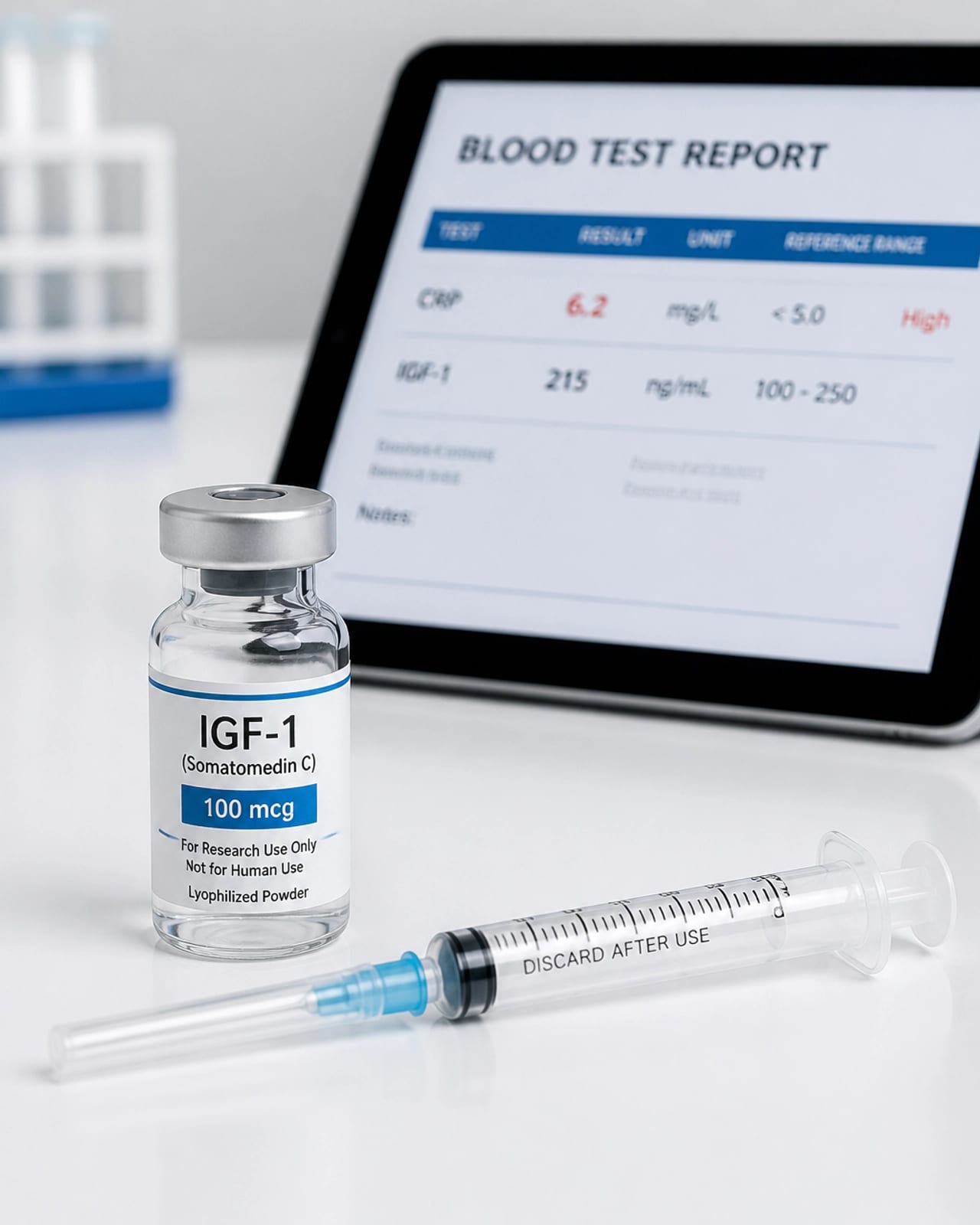 High clarity focus on a medical vial and blood test report showing markers like CRP and IGF-1