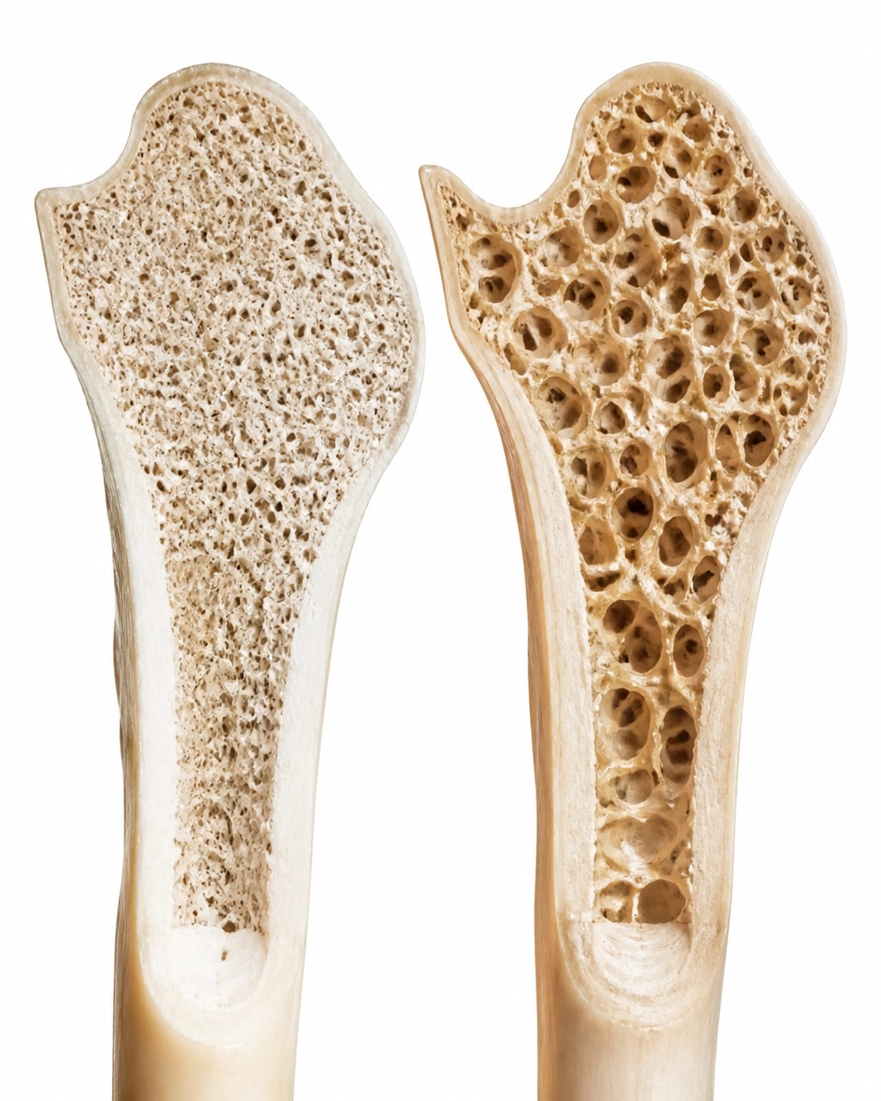 A high-resolution, realistic image representing bone density. On a clean white background, a cross-section of a healthy, dense human bone is shown next to a cross-section of a porous, weakened bone.
