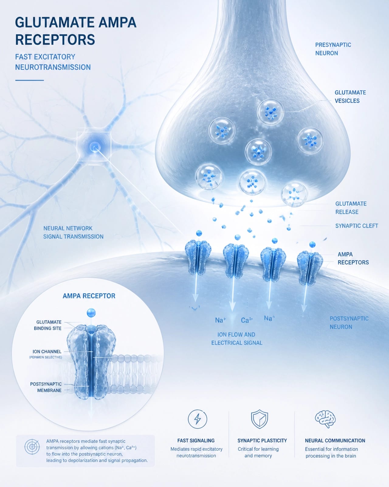 Abstract clinical representation of neural pathways and glutamate AMPA receptors