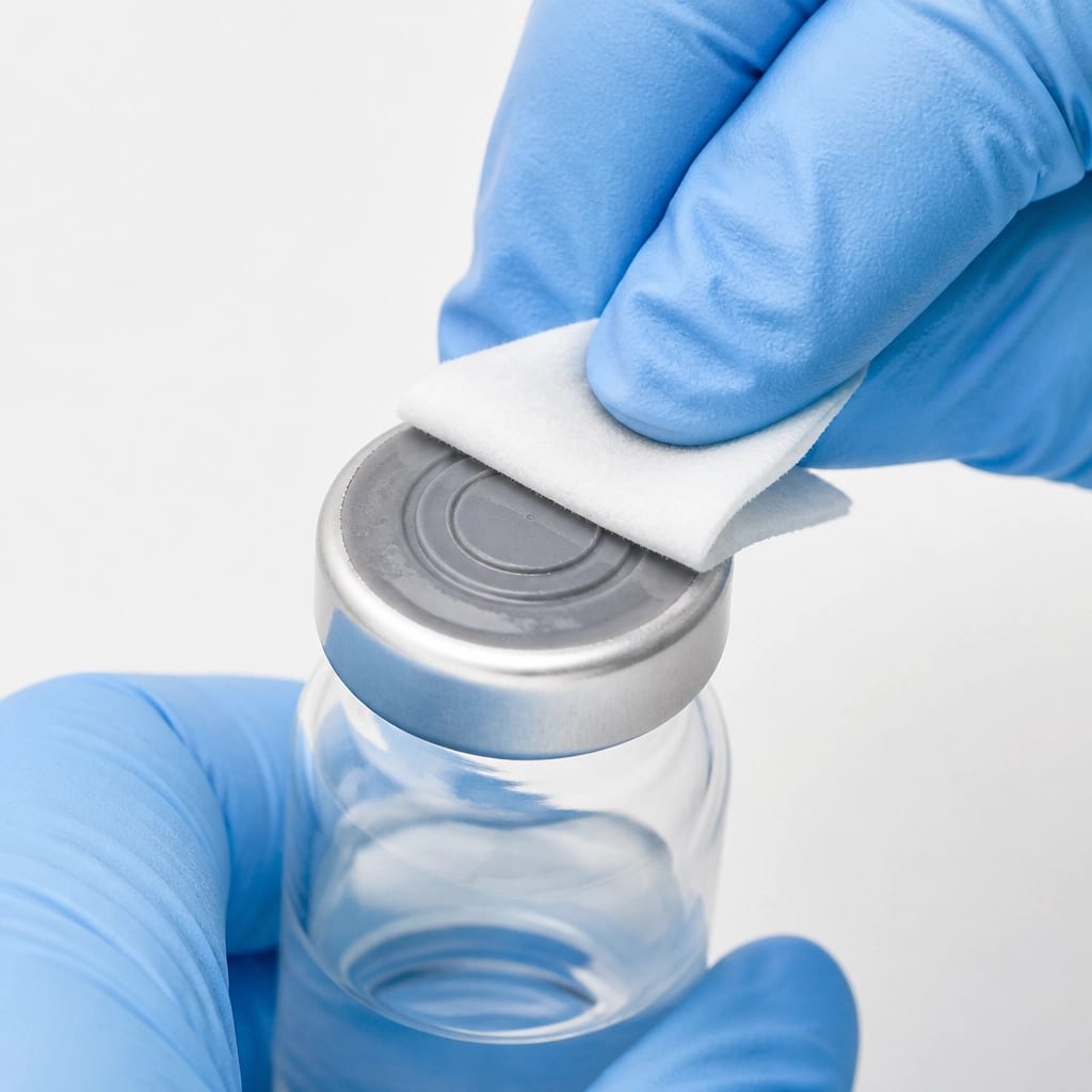 A hand in a nitrile glove sanitizing the rubber stopper of a research vial with an alcohol swab.