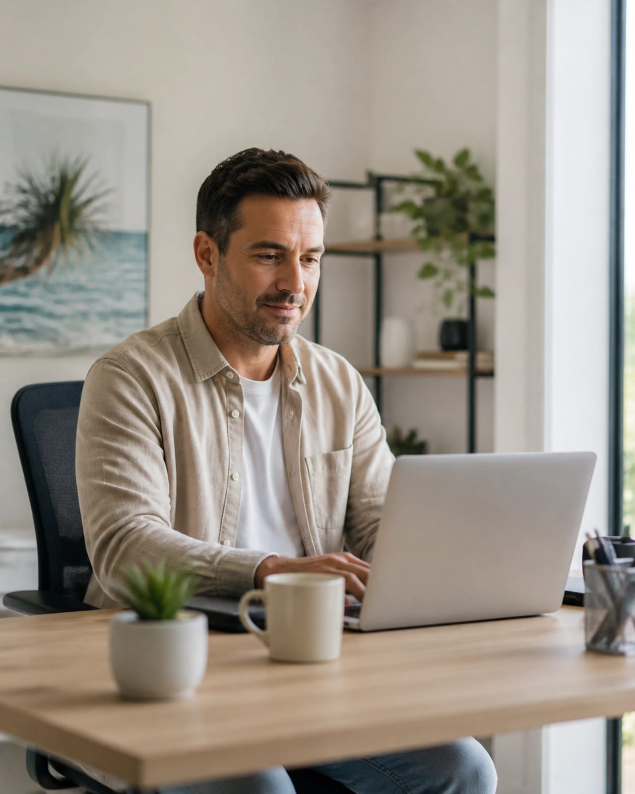A person in their late 30s sitting calmly in a bright home office, representing mental clarity