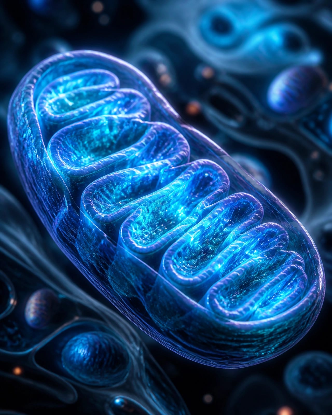 Detailed 3D scientific illustration of a mitochondrion glowing with teal energy.
