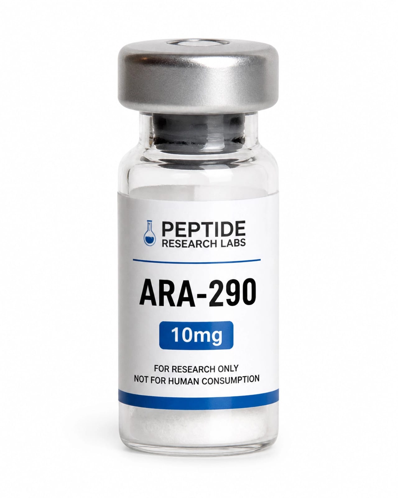 Close-up photo of a single peptide vial labeled ARA-290 10mg