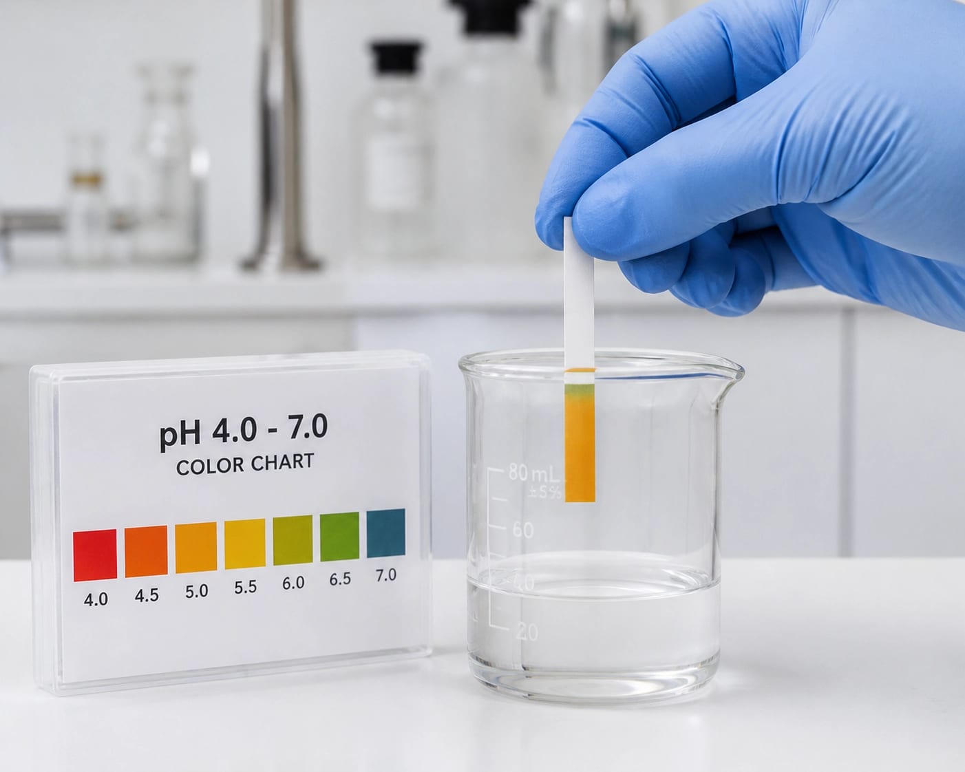 A hand in a nitrile glove testing the pH of a solution with a strip