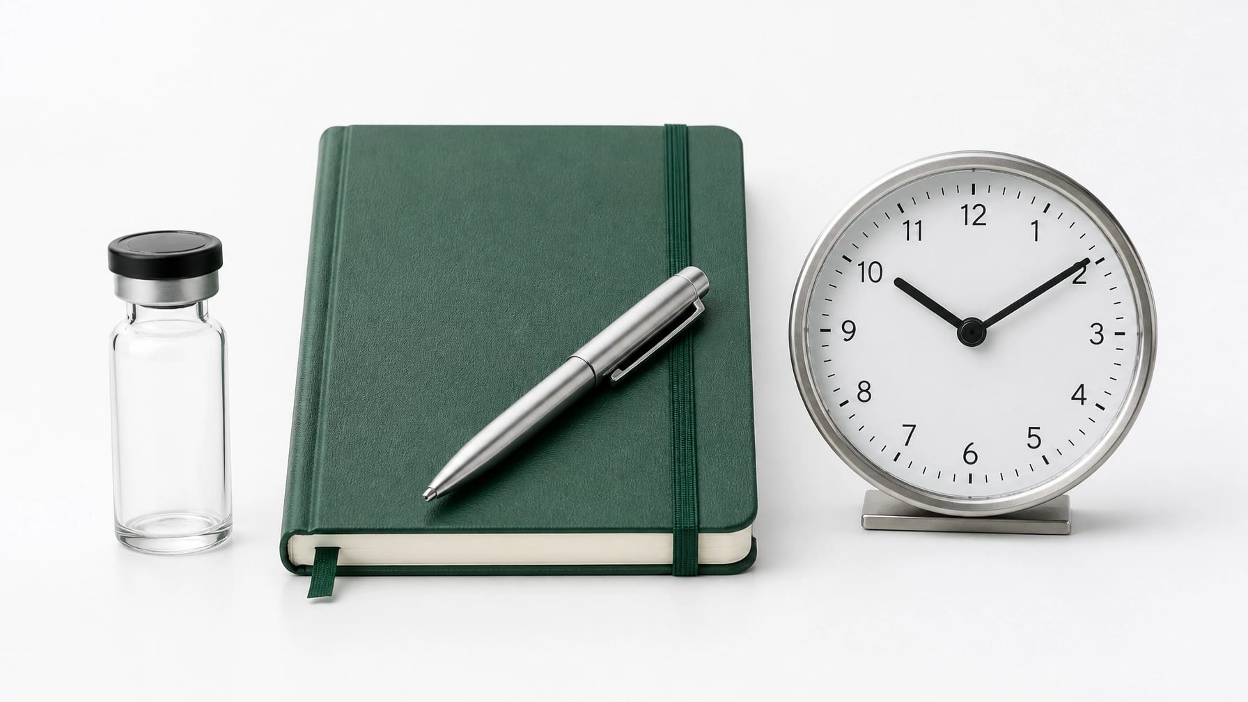 Research vial, notebook and clock representing stress-response research