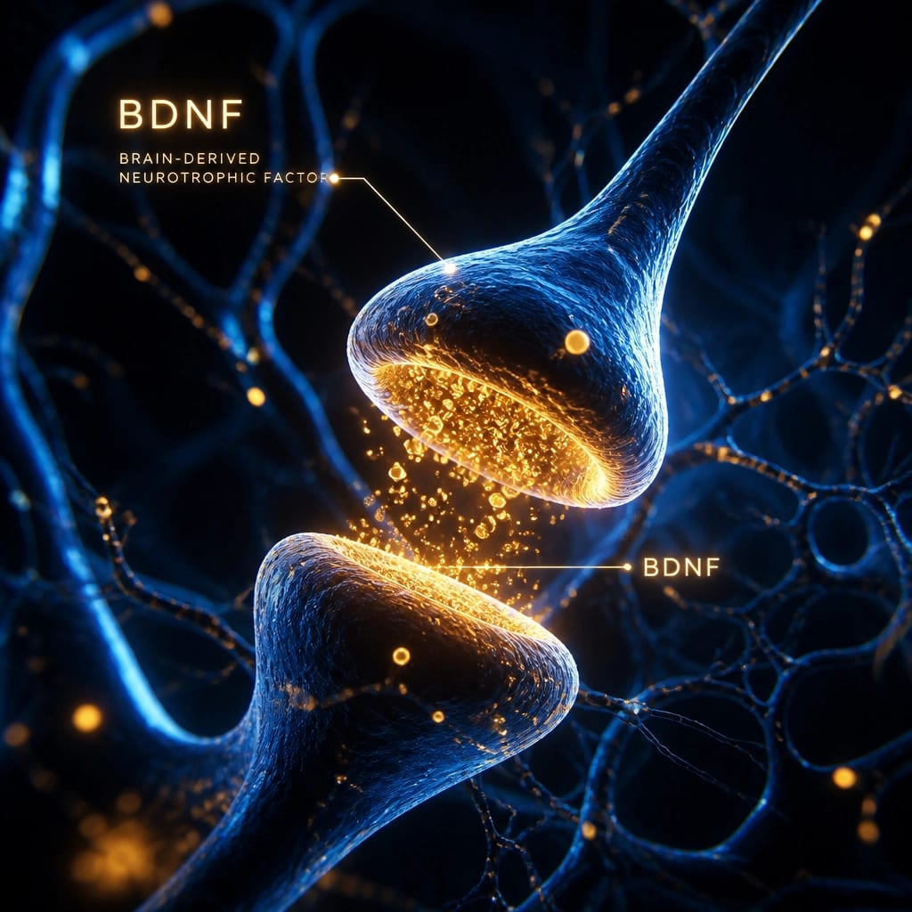 Abstract 3D render of a human neural network glowing with blue and gold light. Visualizing 'BDNF' as glowing particles connecting synapses. Scientific luxury aesthetic, dark background with vibrant light highlights.