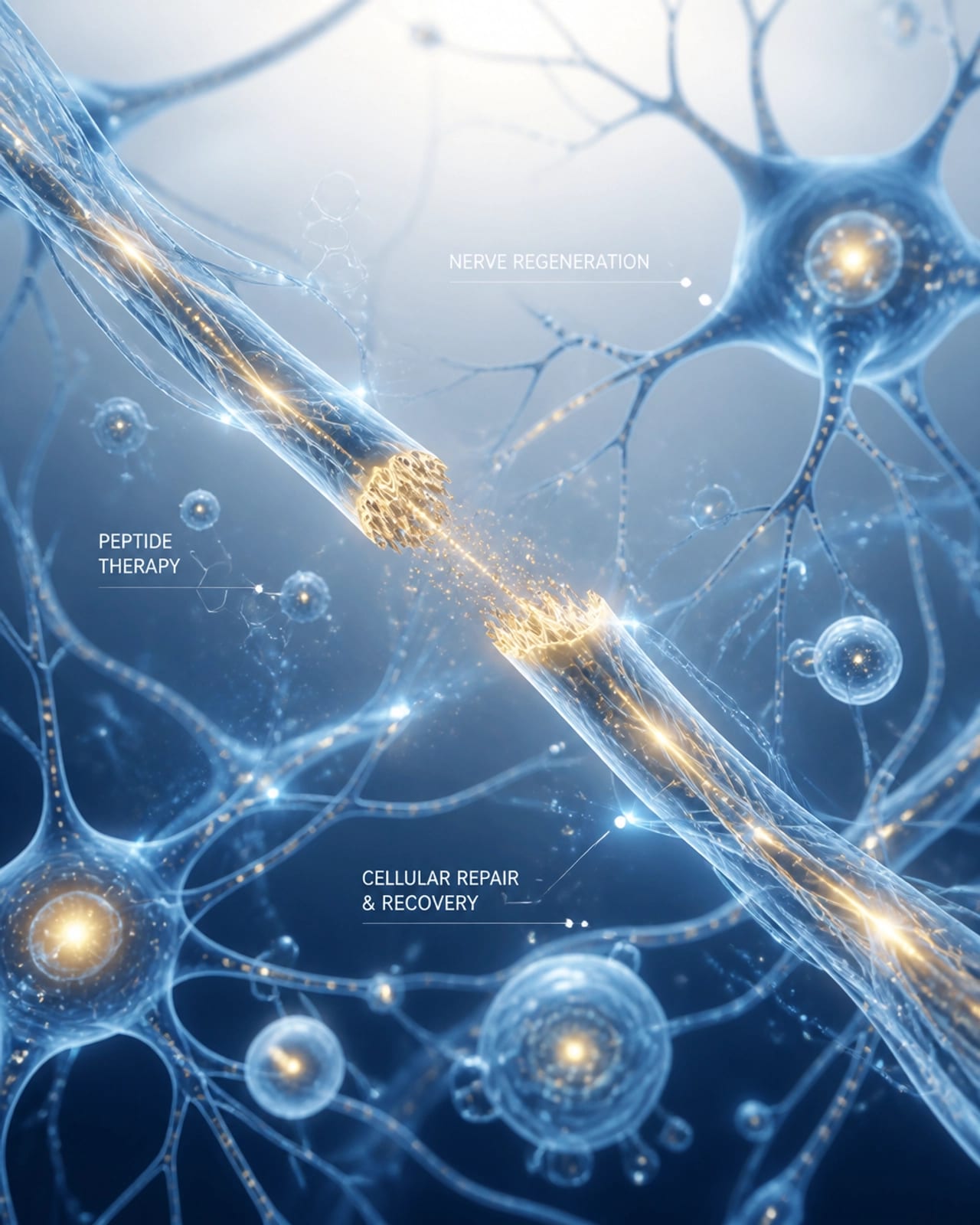 Abstract representation of nerve fiber regeneration and cellular repair with luminous glowing neural pathways.