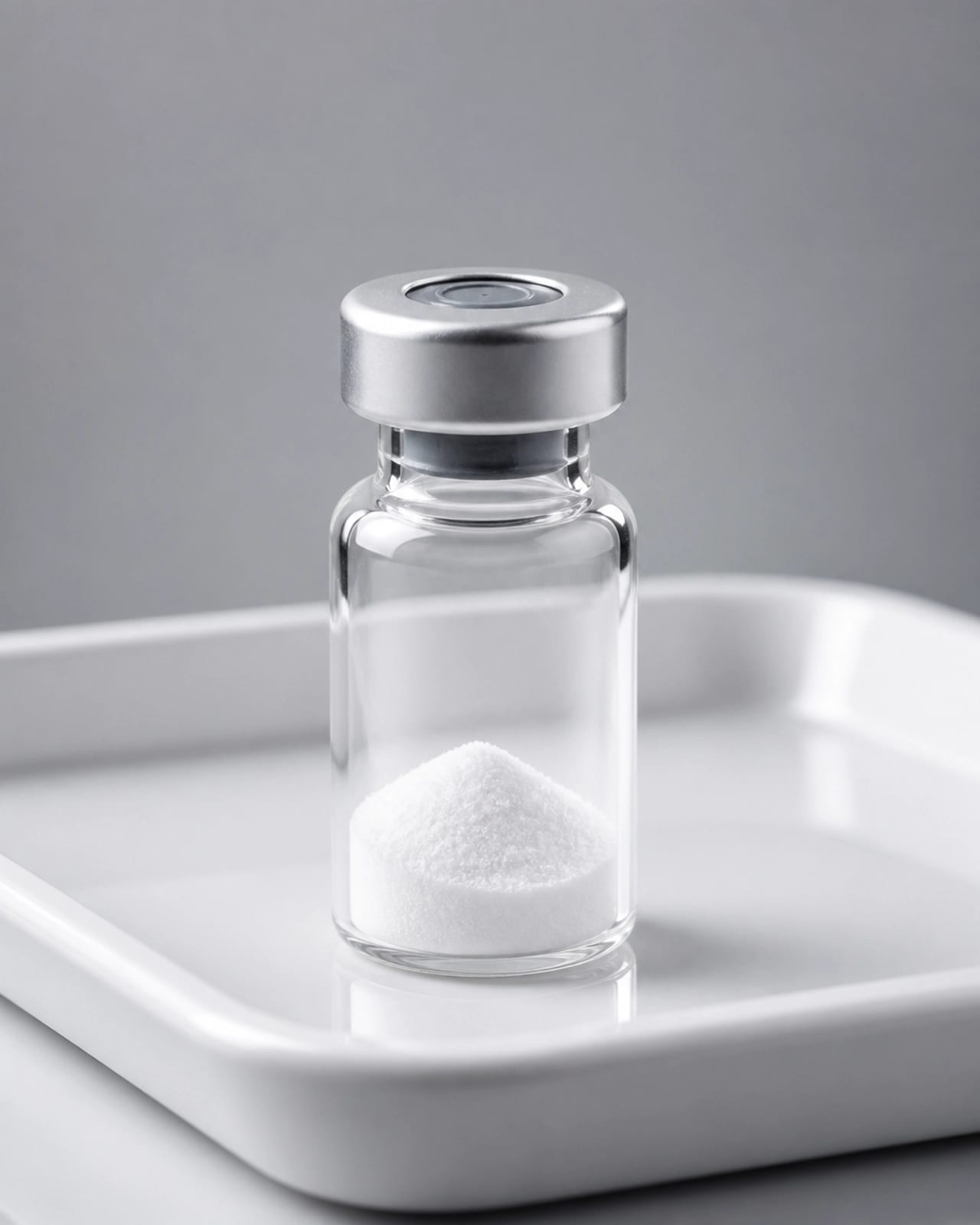 Minimalistic product photography of a glass peptide vial on a clinical tray