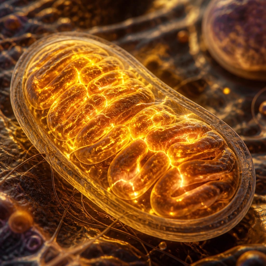 Close-up artistic rendering of a mitochondrion inside a cell, glowing with golden energy.