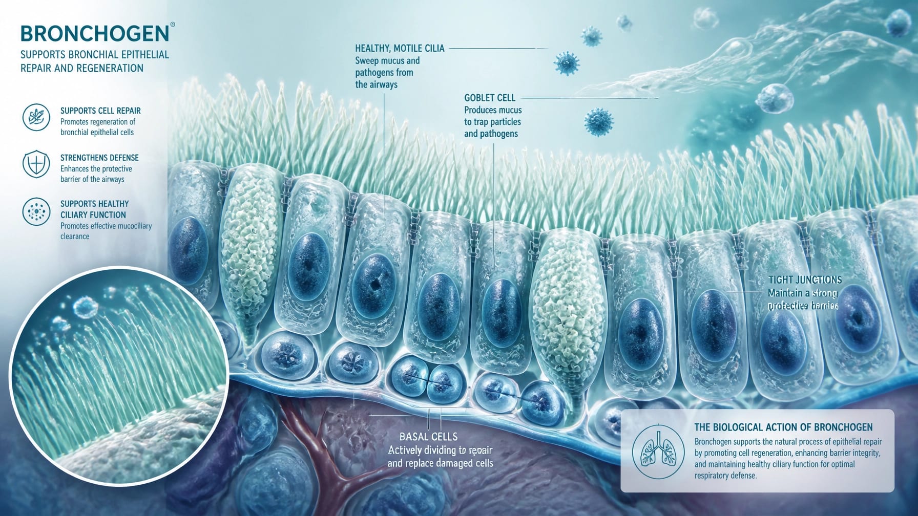An artistic and scientific illustration of healthy bronchial epithelial cells under a microscope.