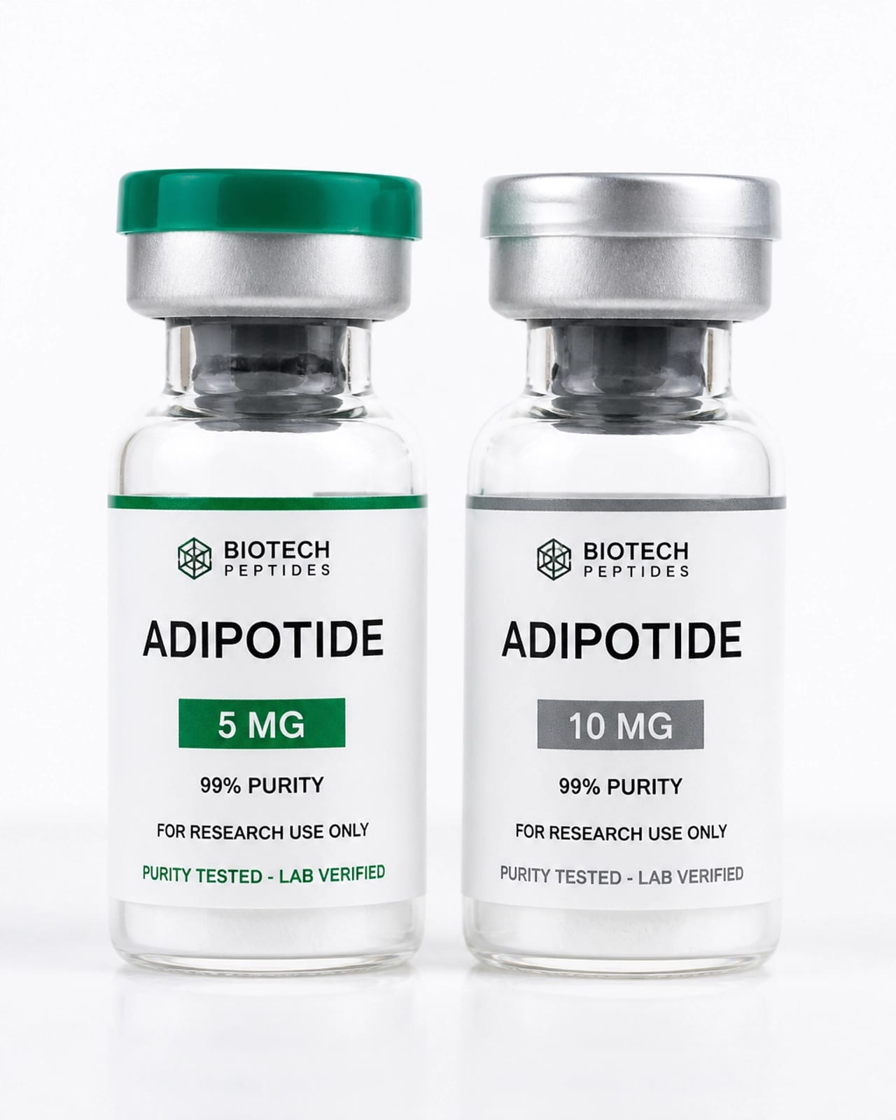 Two Adipotide vials side-by-side representing 5mg and 10mg concentrations on a white clinical background