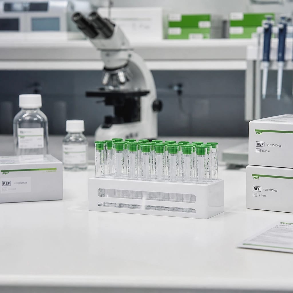 Professional clinical laboratory setting with scientific research vials