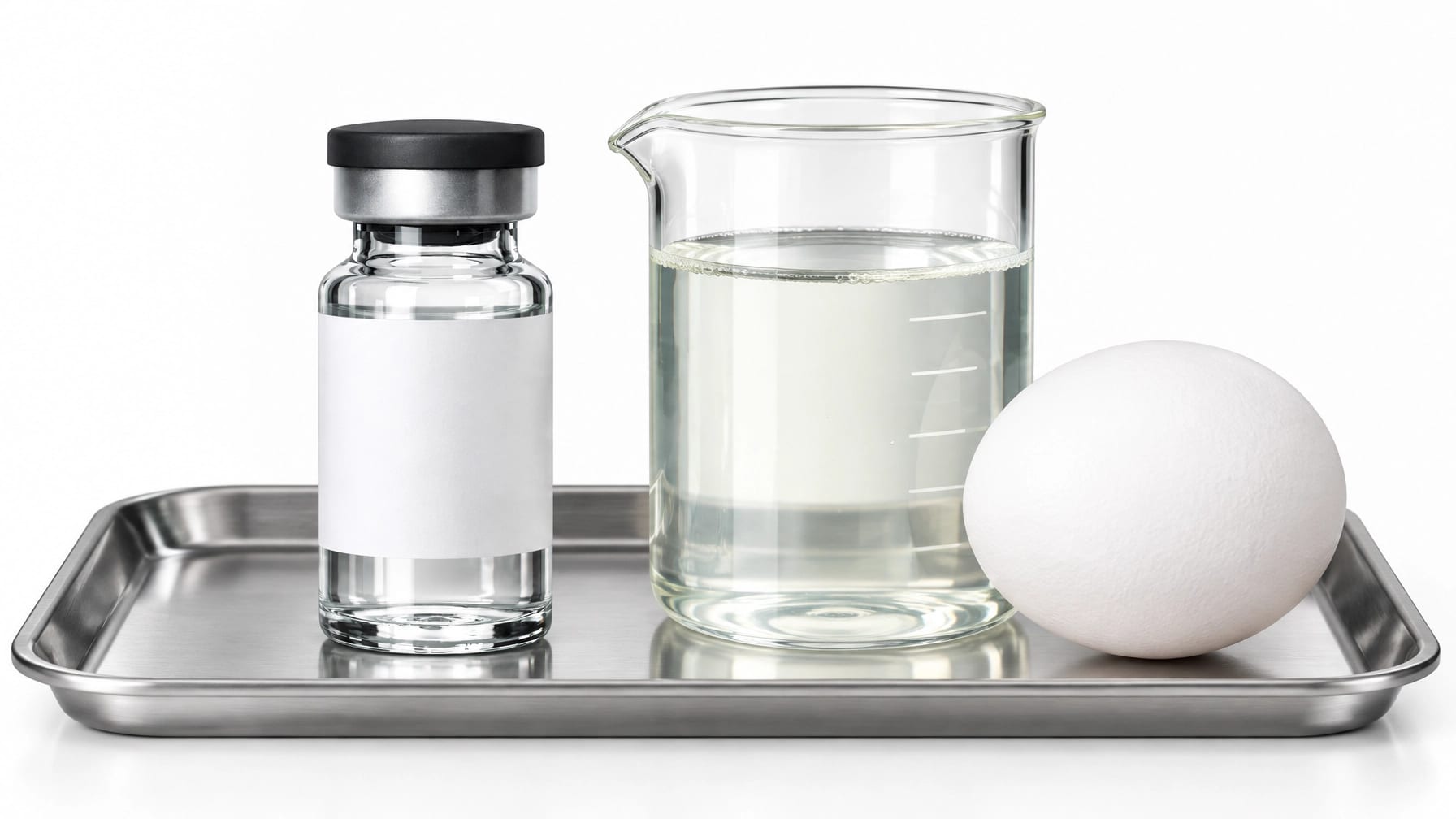 Ovotransferrin sample presented beside egg white and a laboratory solution for protein research