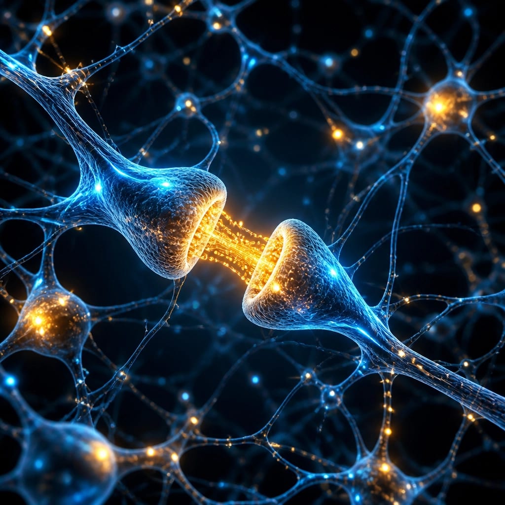 Close-up of a neural network illustration, glowing blue and gold synapses on a dark background
