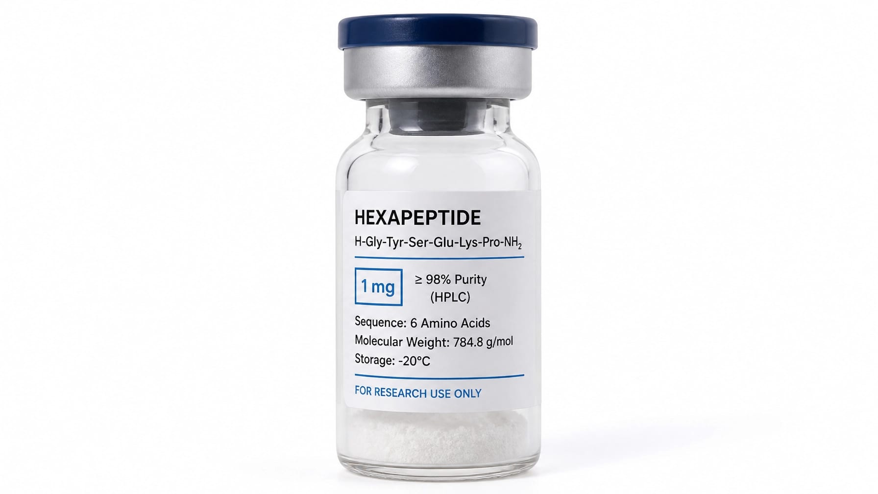 Laboratory vial of synthetic hexapeptide on clean white background