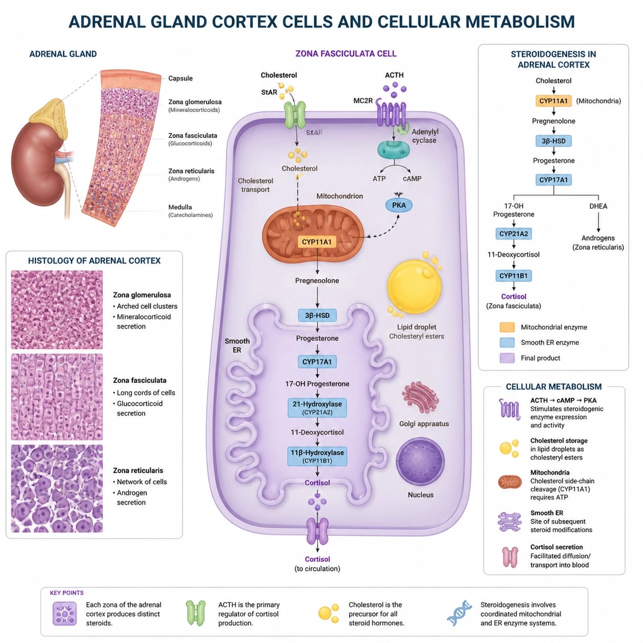 Detailed scientific illustration of adrenal gland cortex cells and cellular metabolism