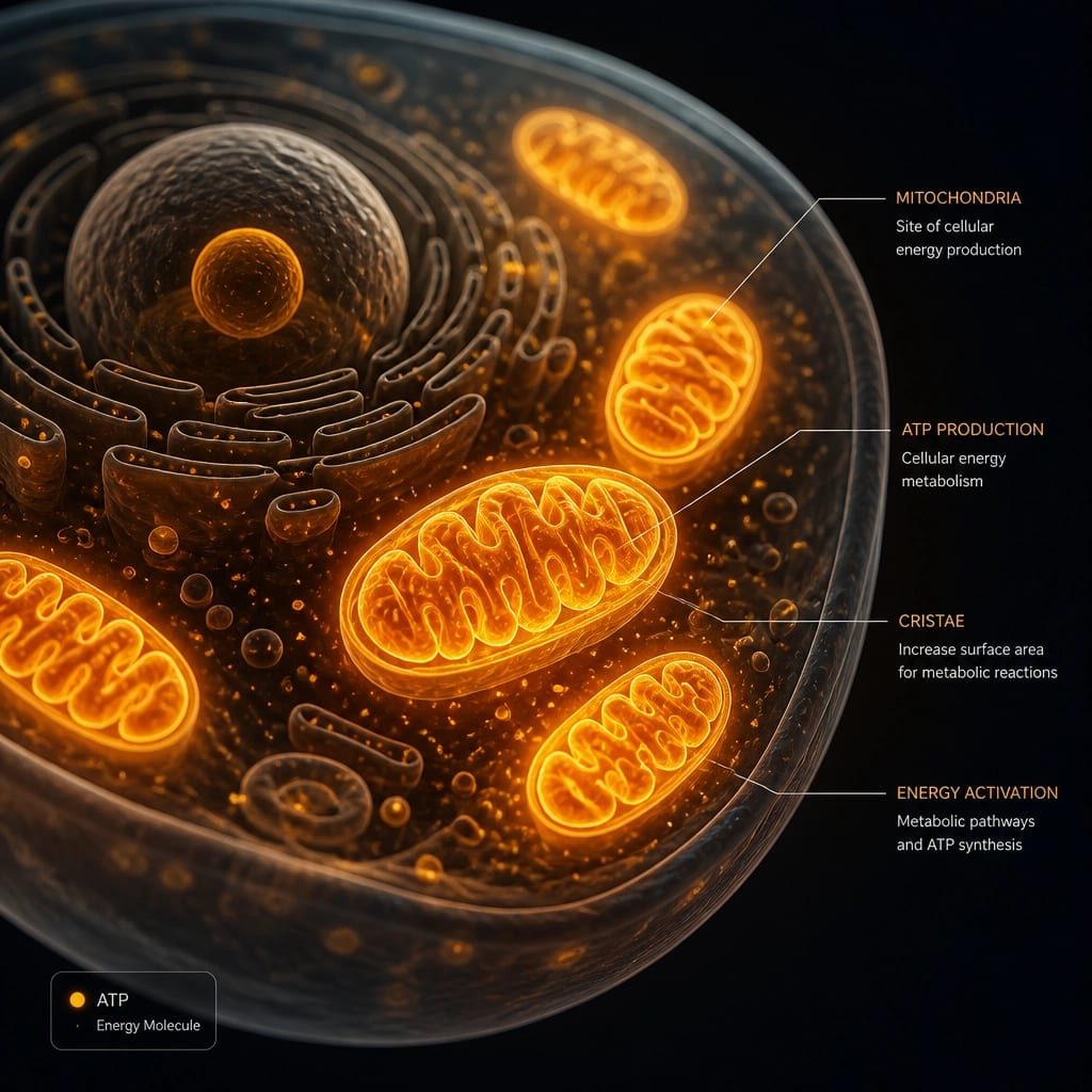 Abstract visualization of glowing mitochondria representing cellular energy