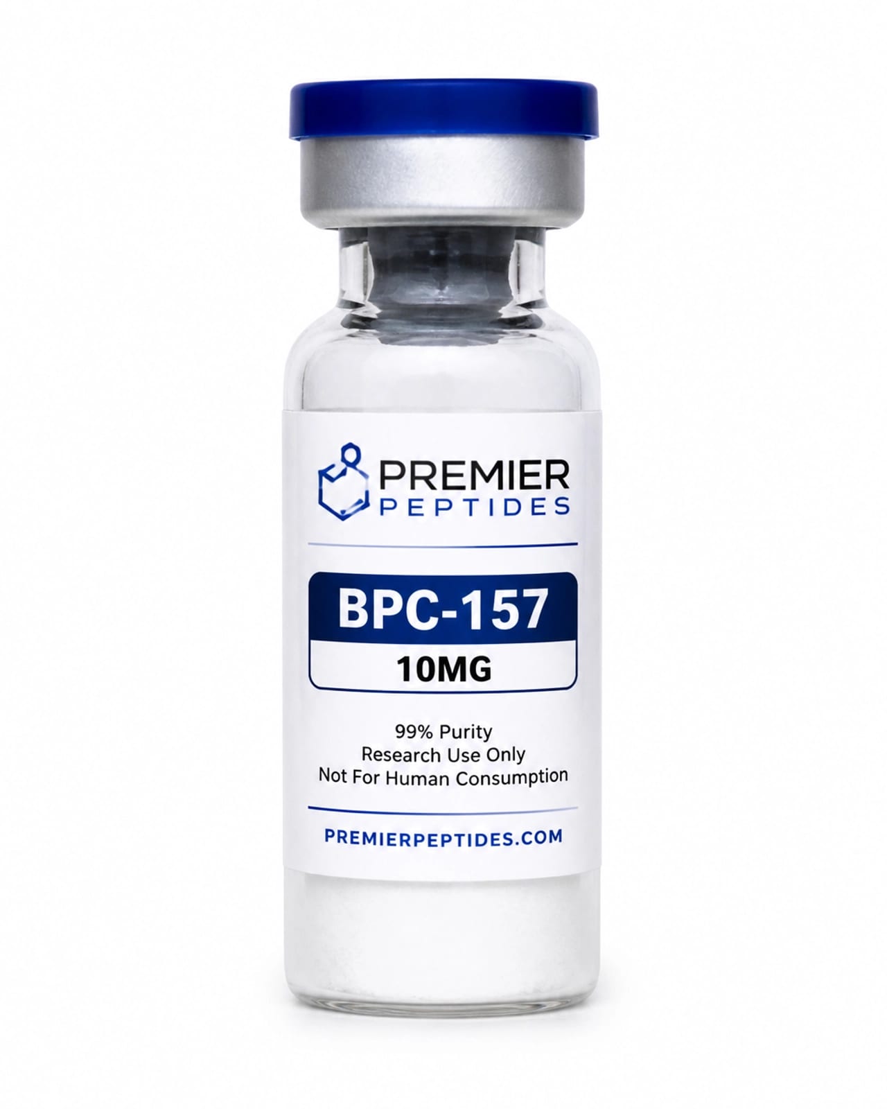 Close-up photo of a single peptide vial labeled BPC-157 10mg