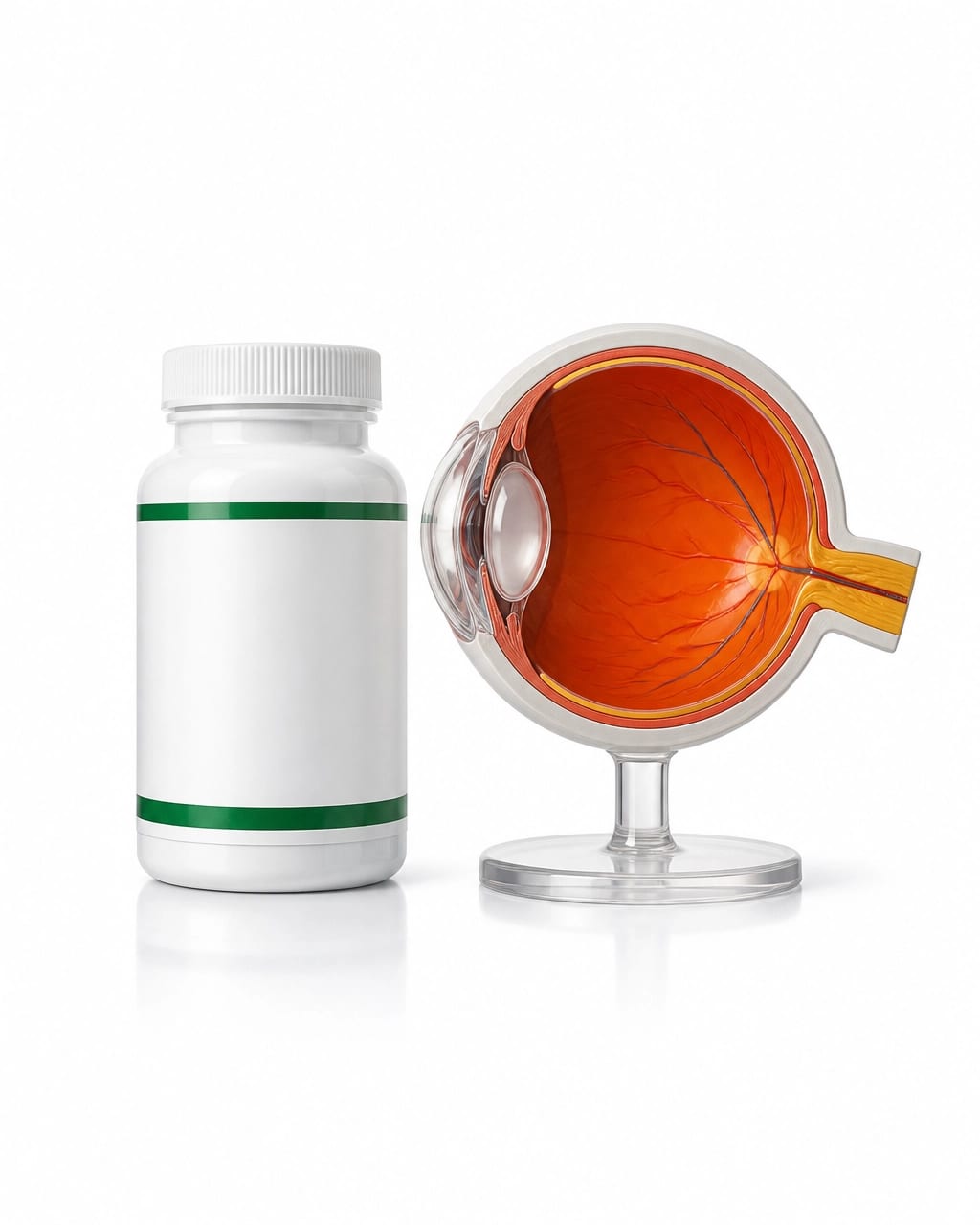 Clinical eye tissue model beside a clean supplement bottle