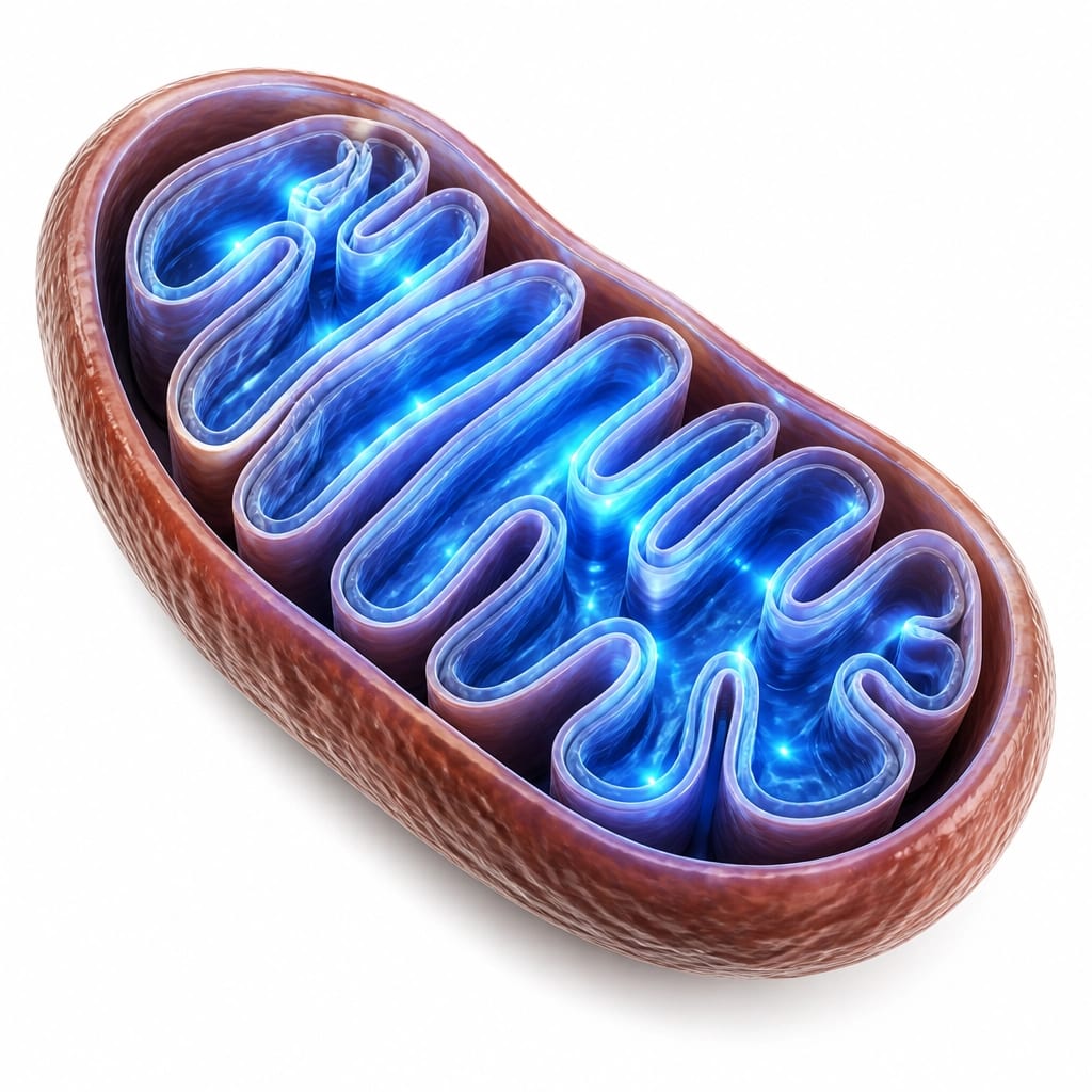 A detailed medical visualization of a mitochondrion glowing with energy, representing the power plant of the cell