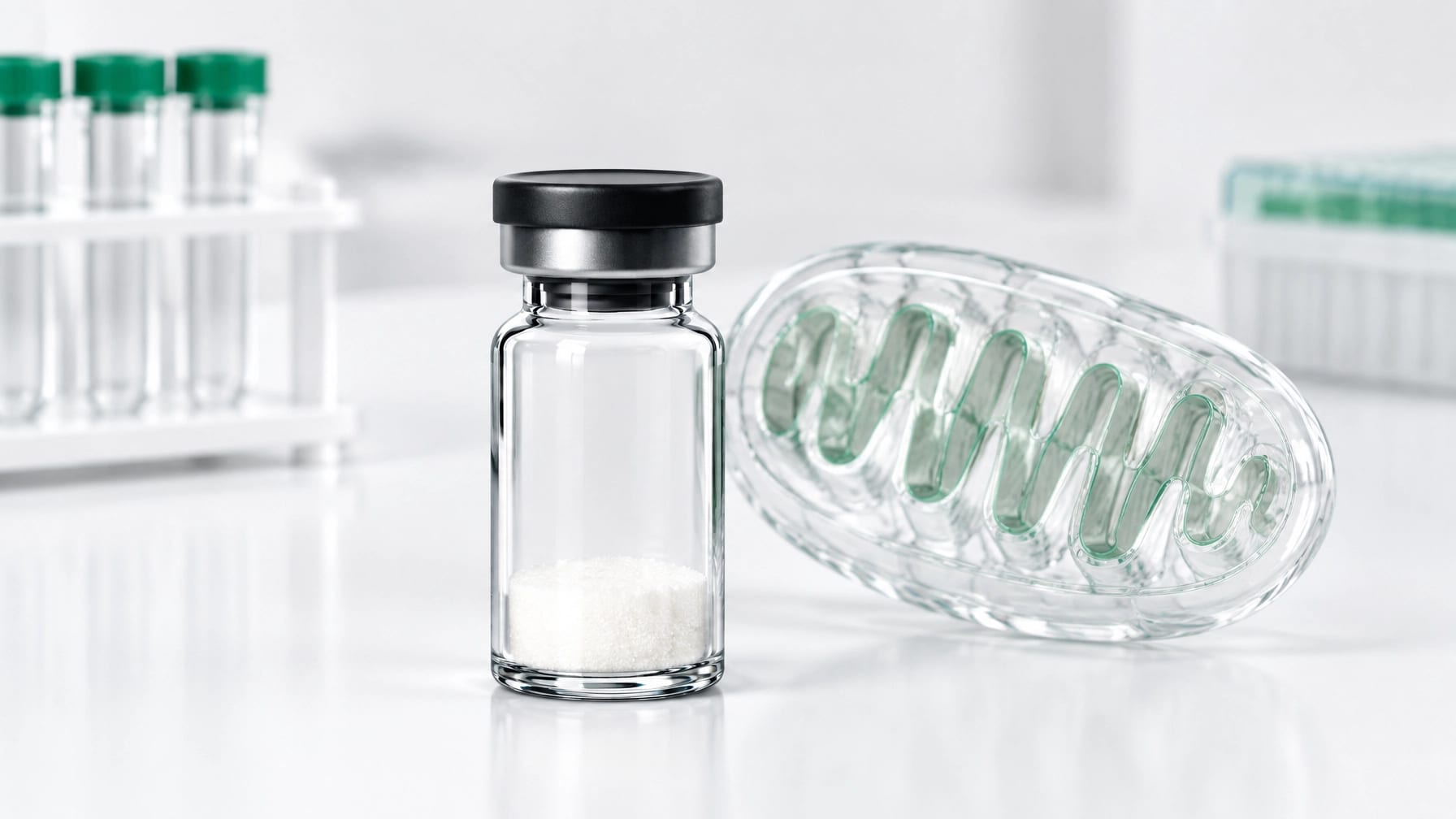 Laboratory research vial with a subtle mitochondrion model representing mitochondrial peptide signalling